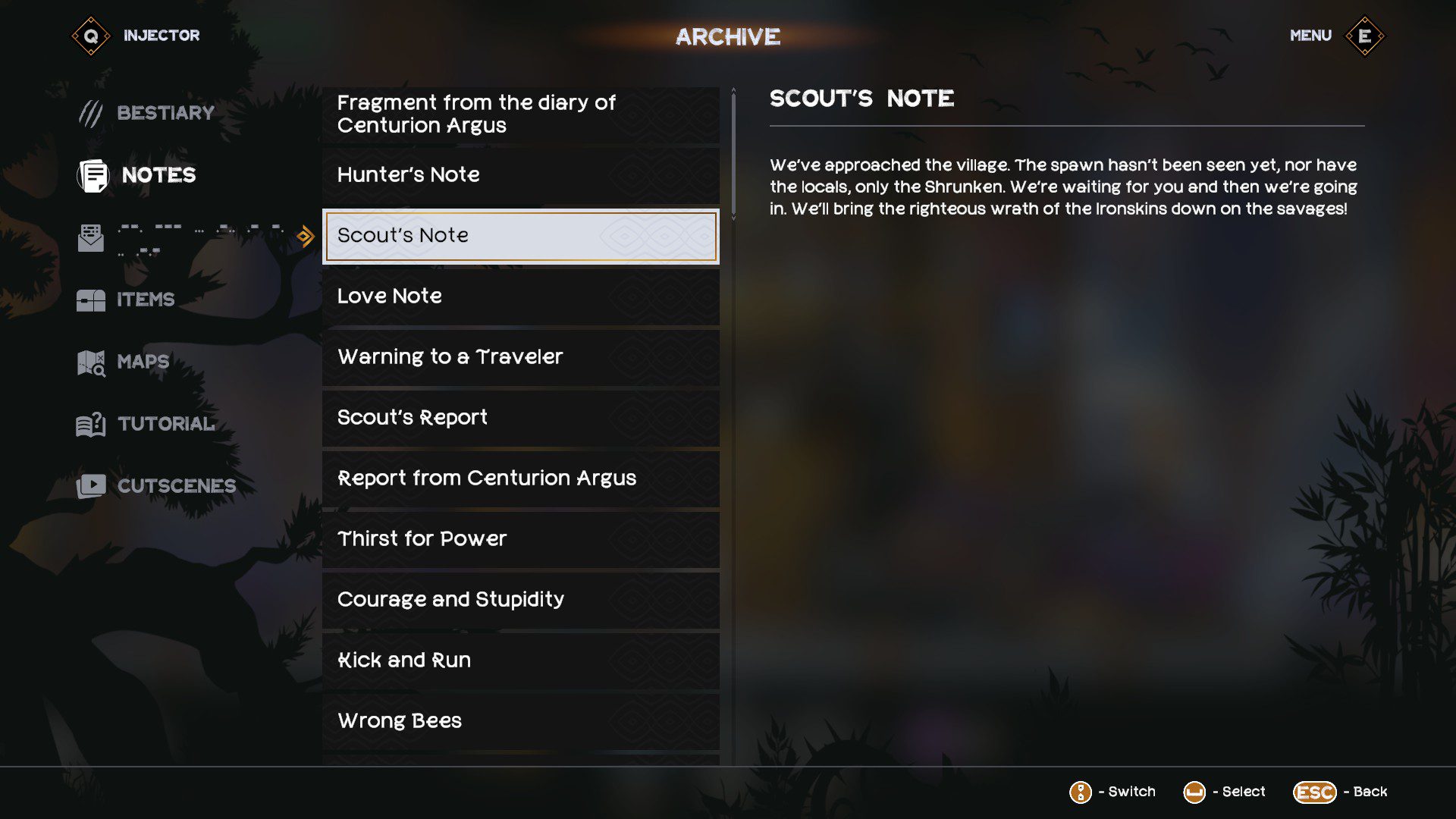 InayMenu A menu showcasing notes, a bestiary, tutorials and replayable cutscenes