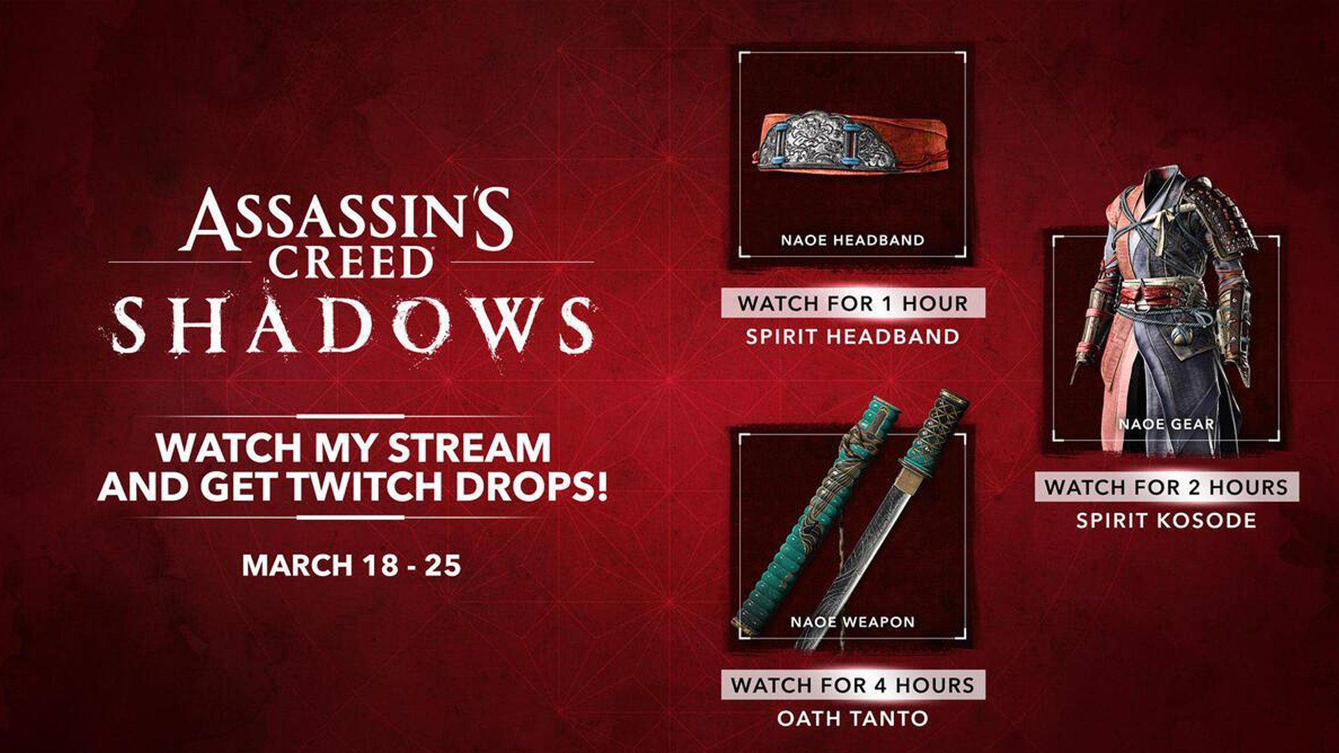 Assassins Creed Shadows Twitch Drops Naoe gear