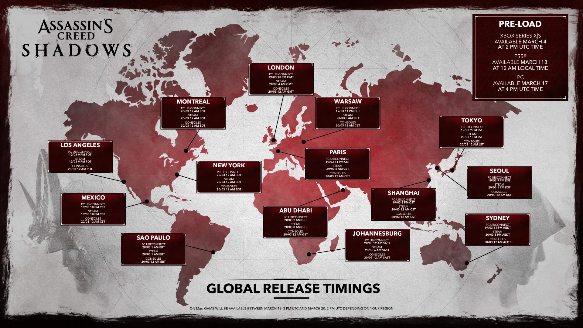Assassins Creed Shadows launch time map ubisoft