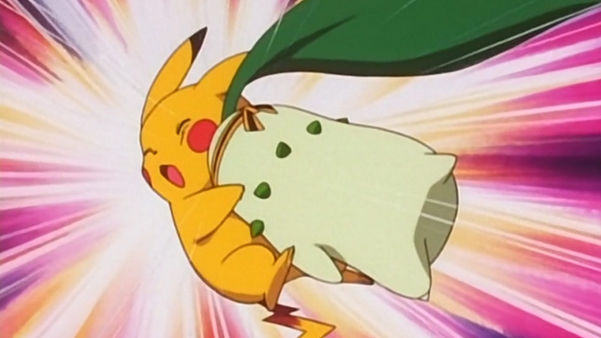 Chikorita tackling Pikachu Pokemon
