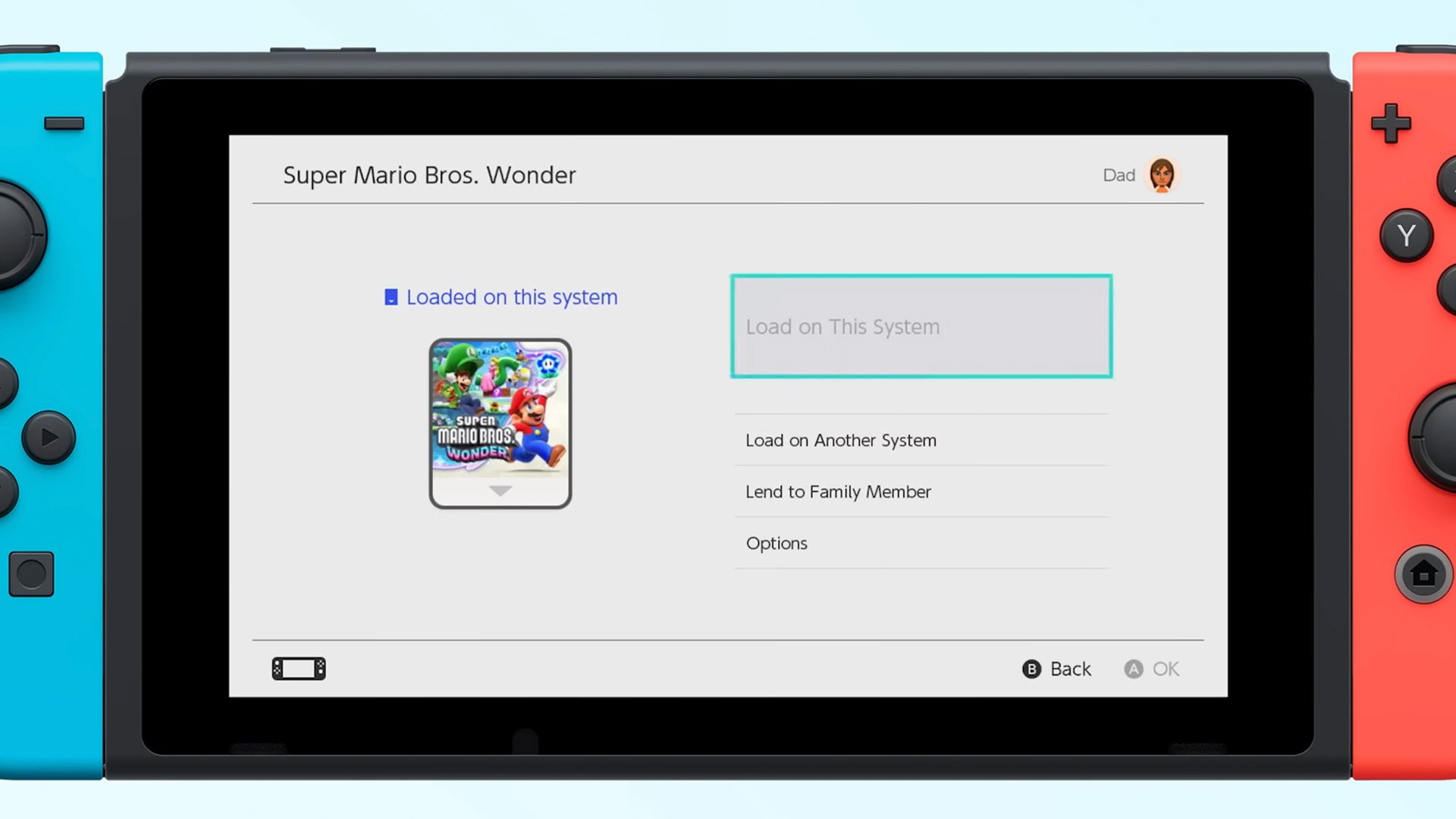 Nintendo Virtual Game Card options menu