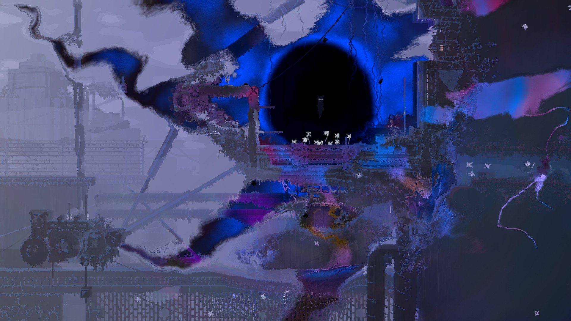 A black and blue portal rippling through the background