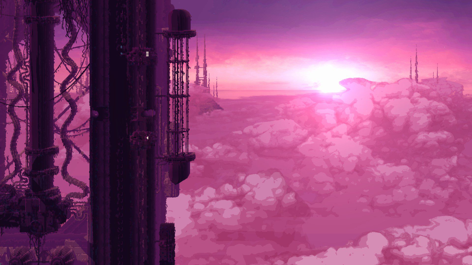 A pink sky with a sunrise in the horizon