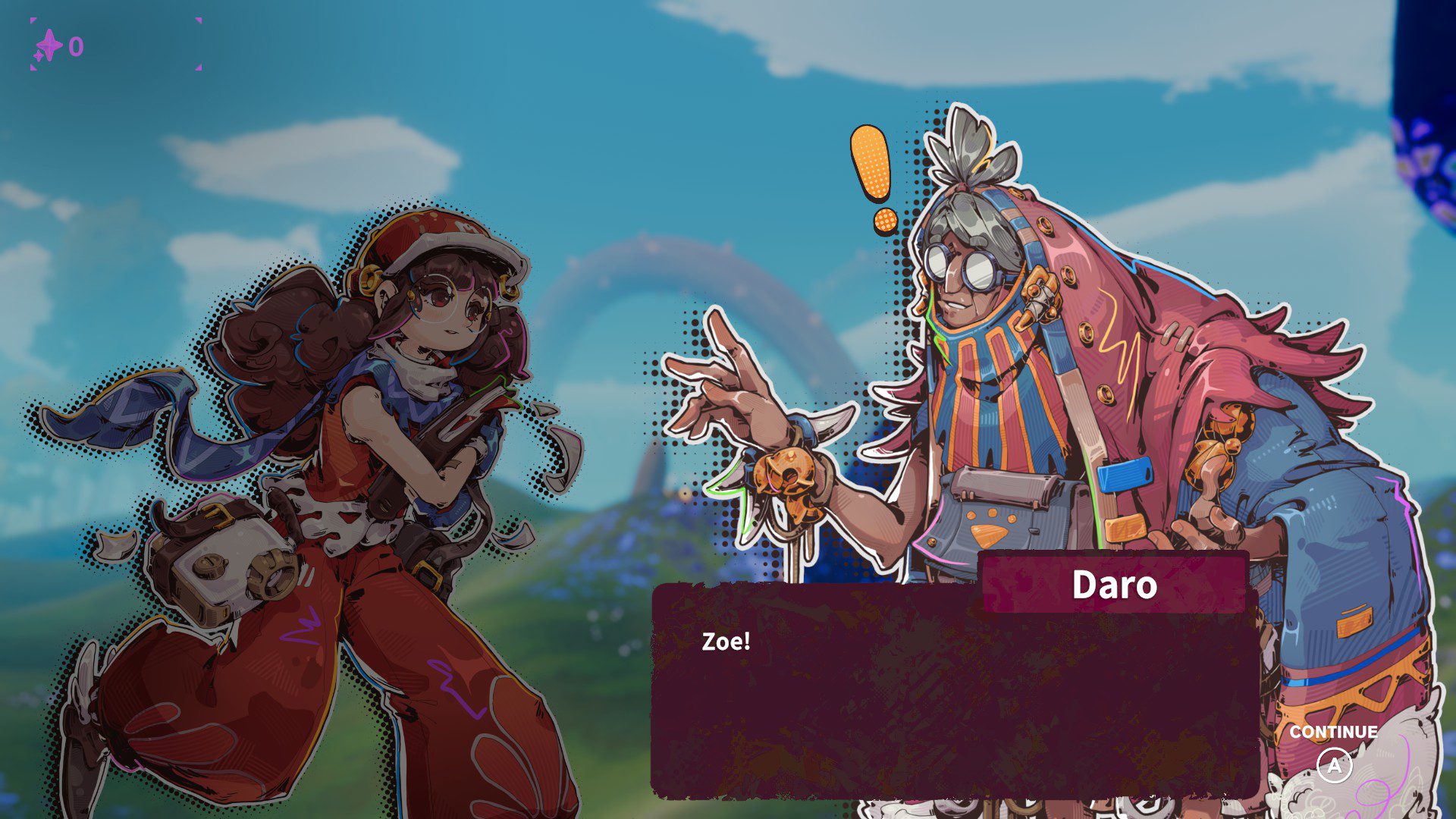 Zoe talking to one of the characters, an old lady called Daro