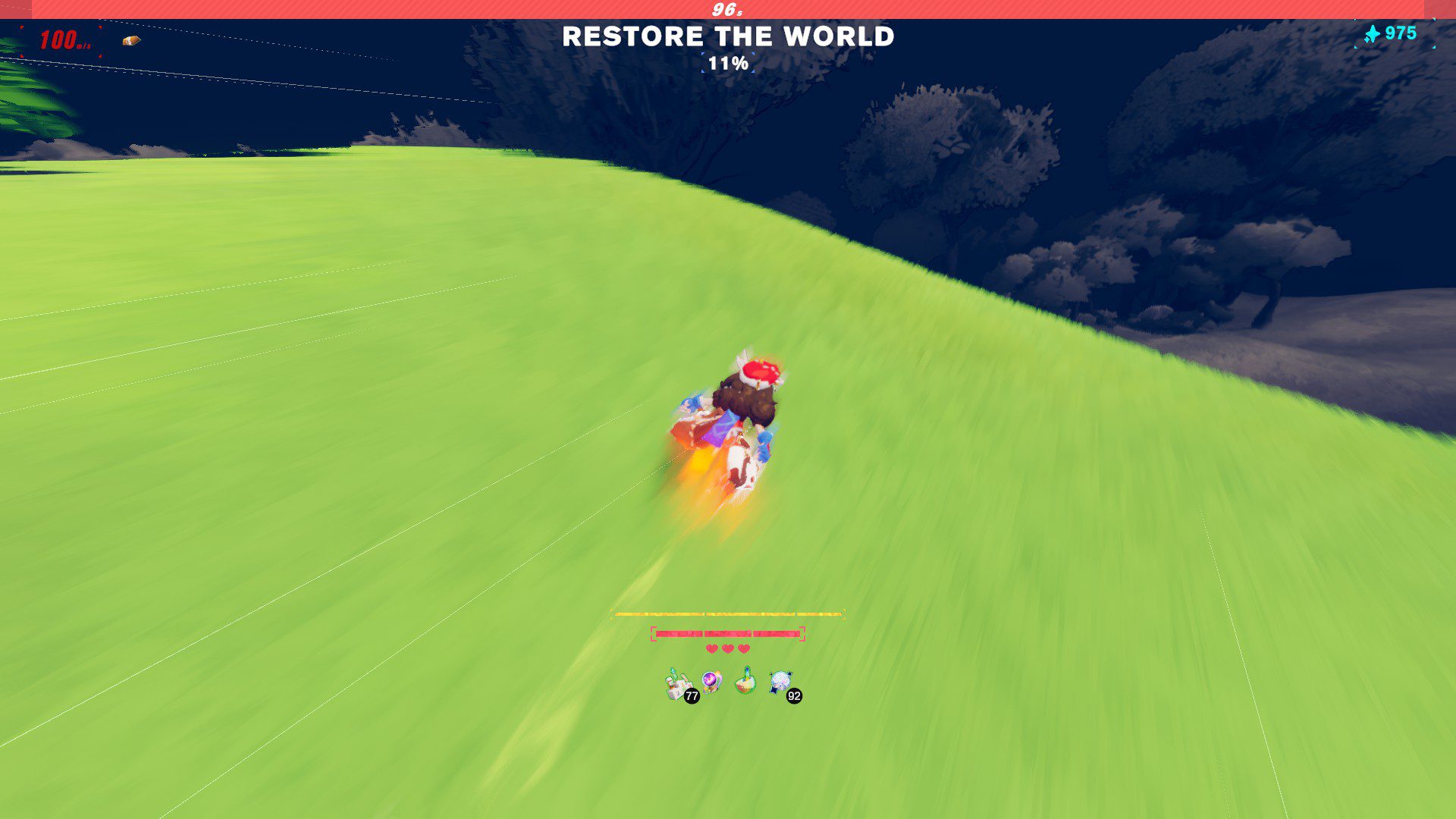 Zoe running up a green hill, text above says "restore the world"