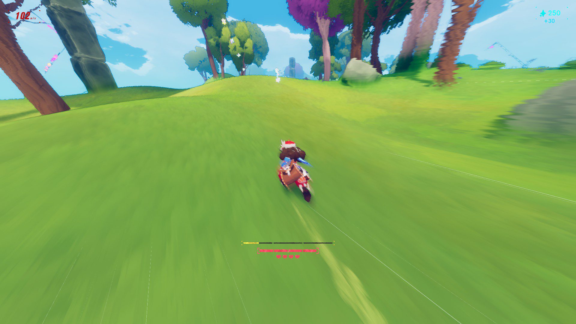 Zoe running on grass with motion blur on the edges of the screen and pinkish crackles on the sky