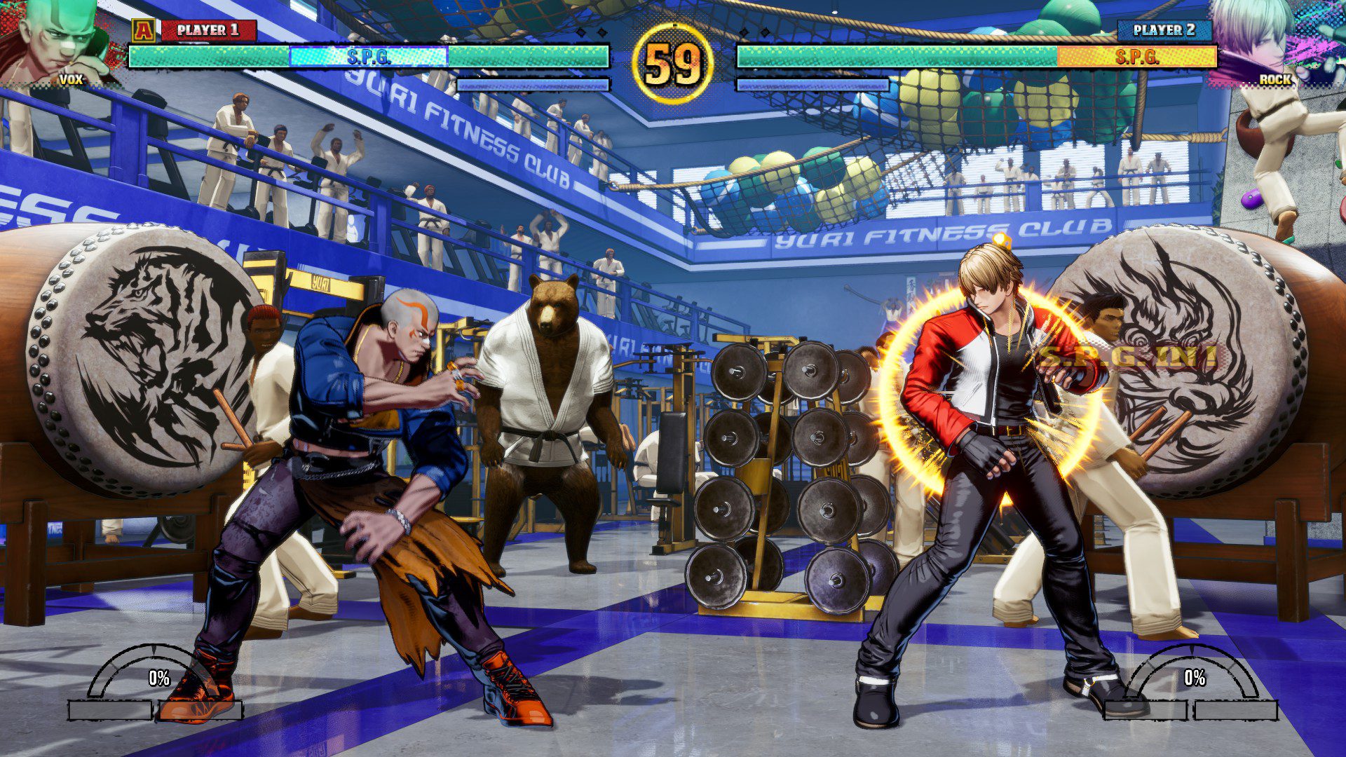 Vox vs Rock in a gym. Rock is in his S.P.G. state
