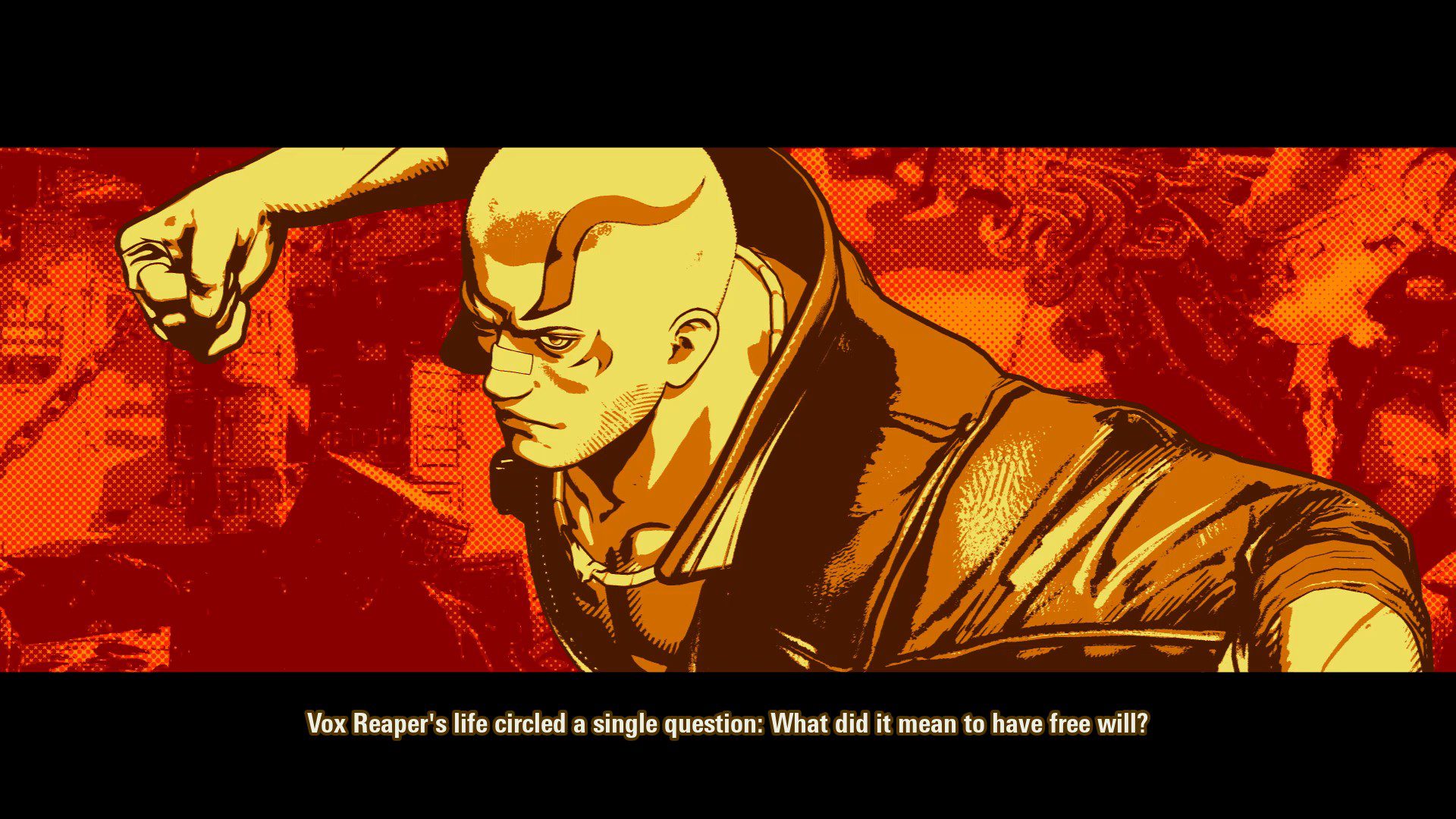 Vox from City of the Wolves in a cutscene at the beginning of Arcade mode, text beneath reads "Vox Reaper's life circled a single question: What did it mean to have free will?"