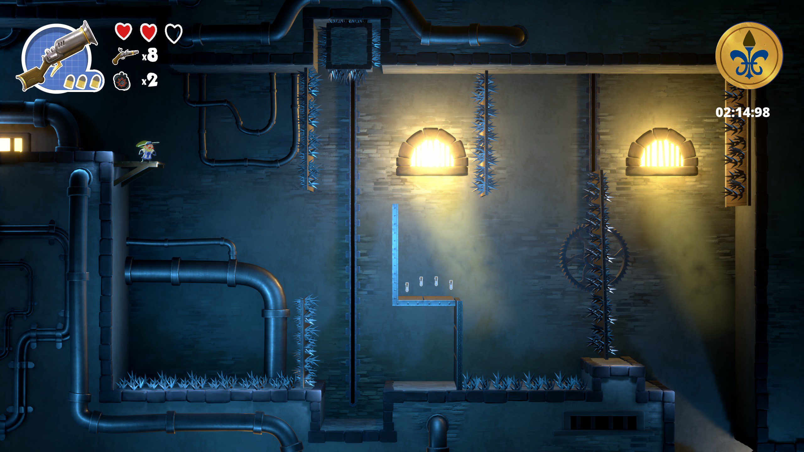 Sacre Bleu Screenshot 03 Sacre Bleu platforming section with walls and floors covered with deadly spikes.