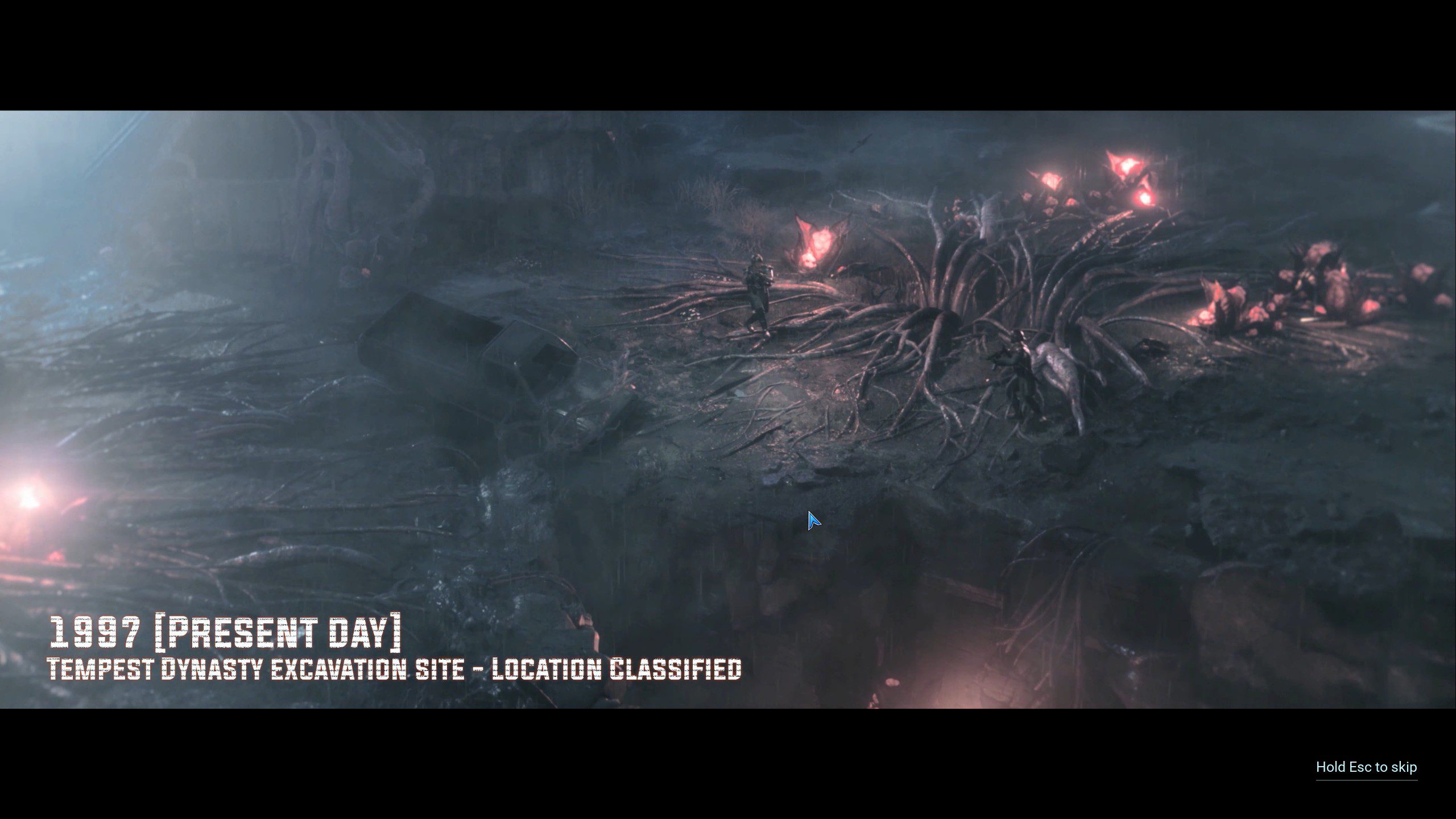Tempest Rising Screenshot 01 Tempest Rising cinematic showing a soldier examining the strange plant-like substance called the tempest.