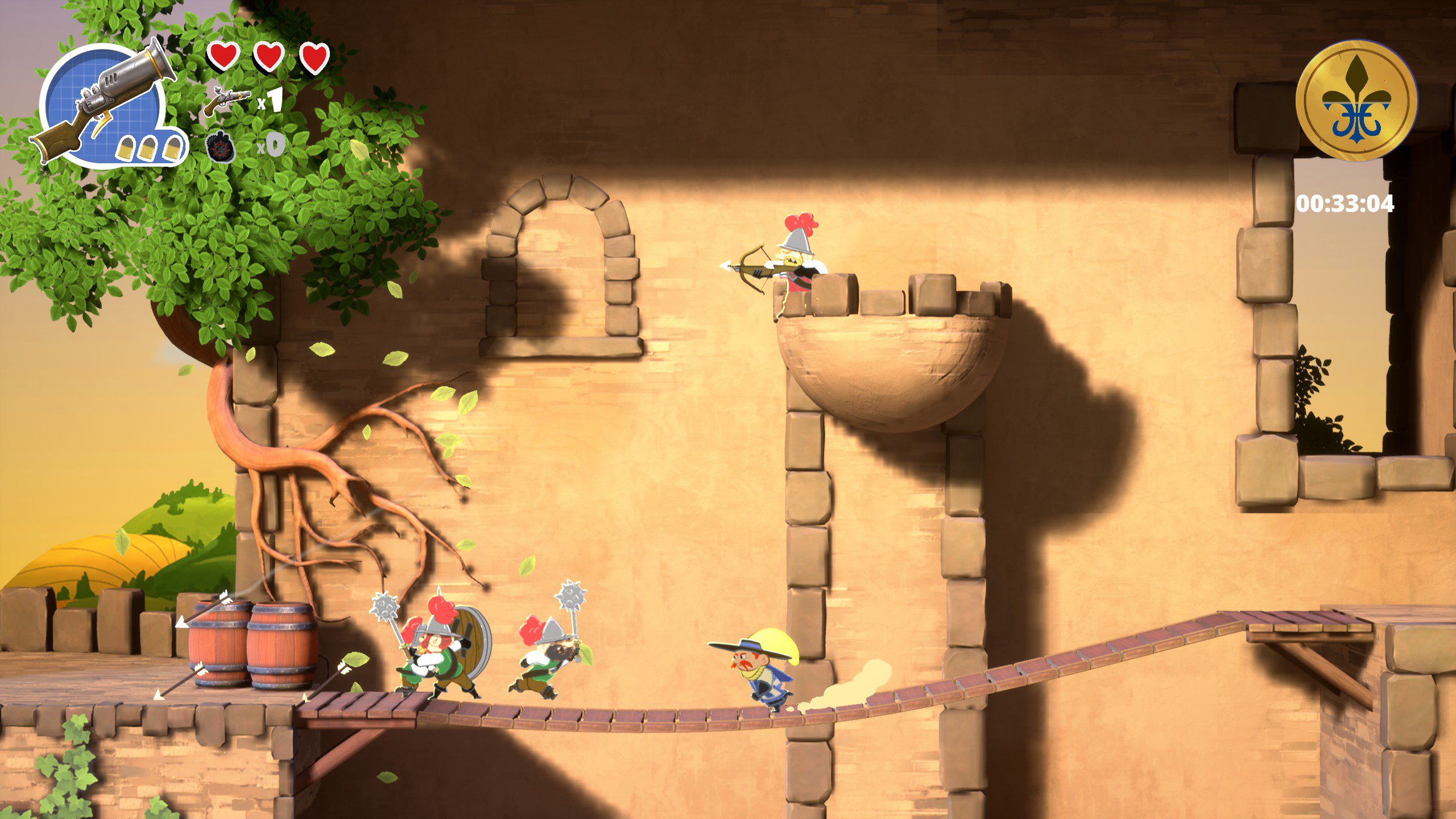 Sacre Bleu Screenshot 02 Sacre Bleu fighting against multiple guards in a 2D section of a castle.