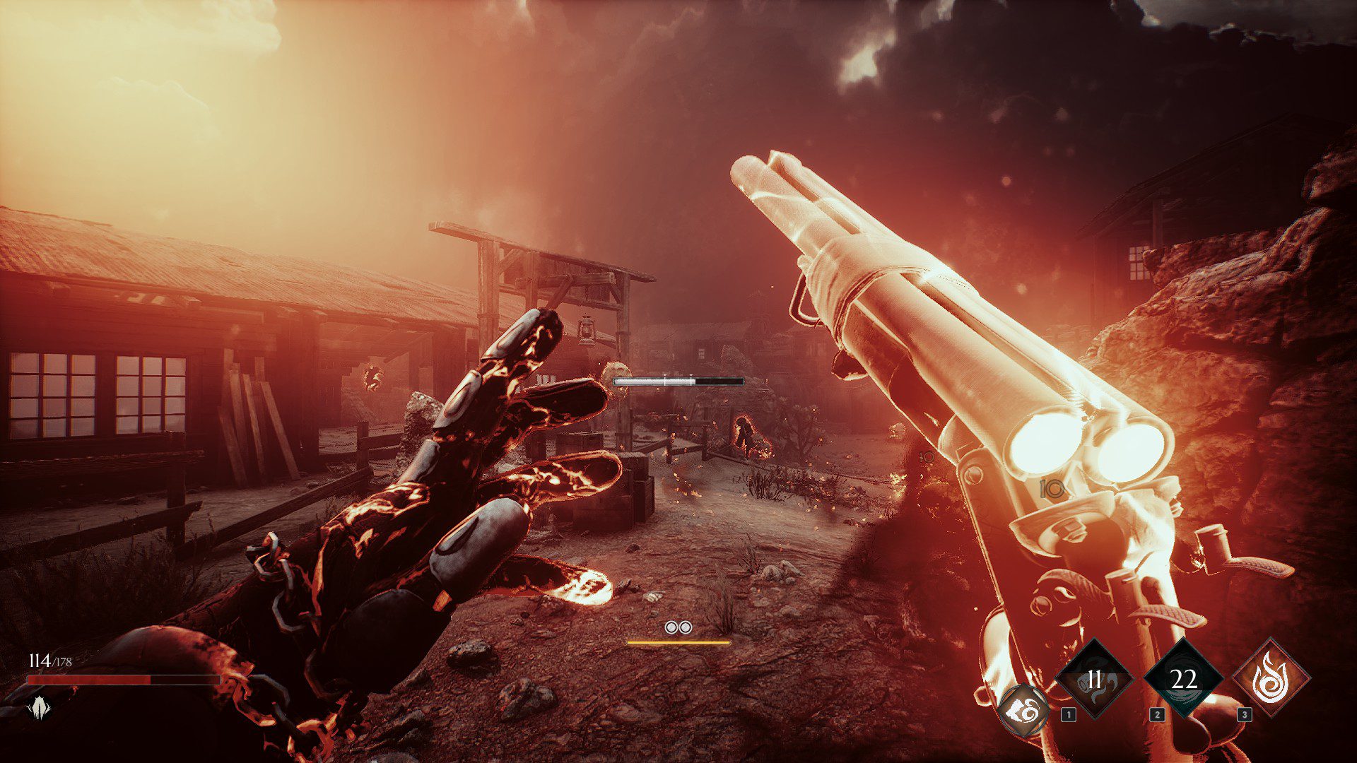 SoSlTerrain Reloading the shotgun with enemies in the background. The reload timer is past the middle.