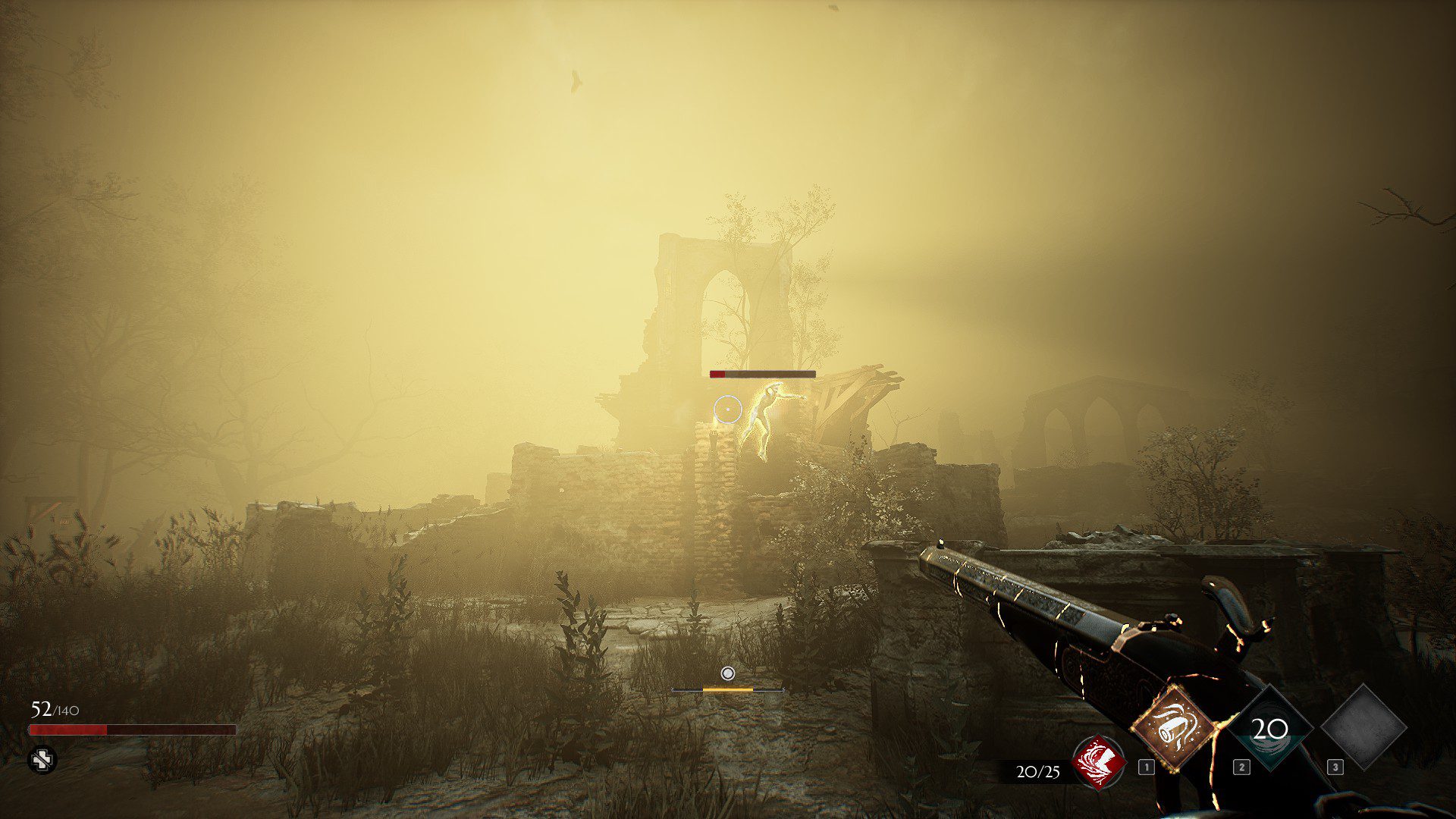 SoSlWraith Holding Wraitshot, the gun with one bullet, a brown ammo power in the bottom right.