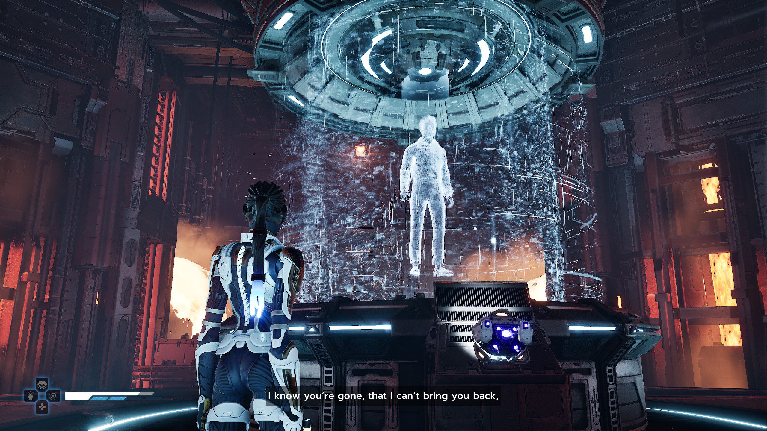 Steel Seed screenshot showing Zoe standing below a hologram of his father.