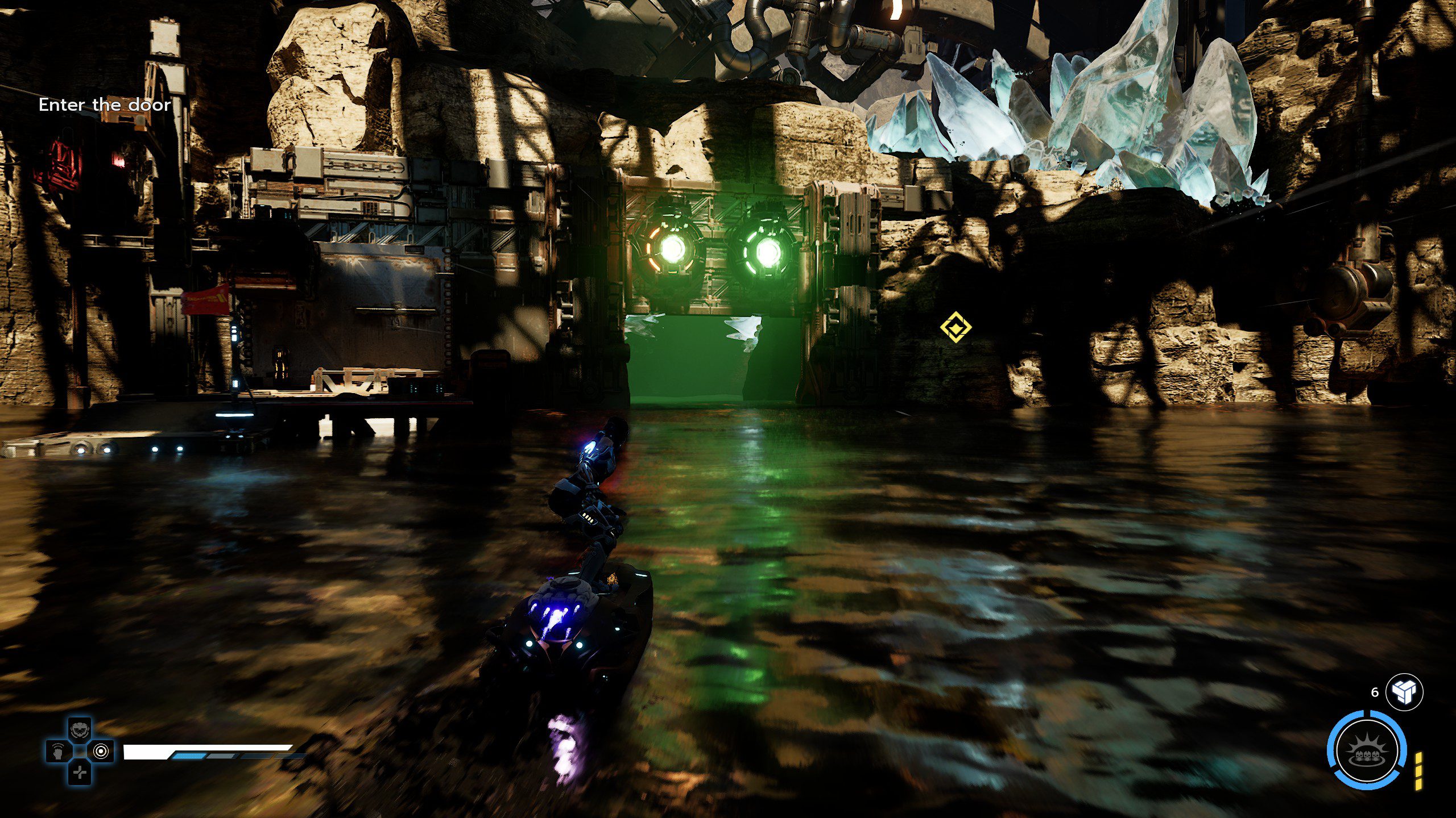 Steel Seed Screenshot showing Zoe and Koby riding on a jet ski in a lake of oil.