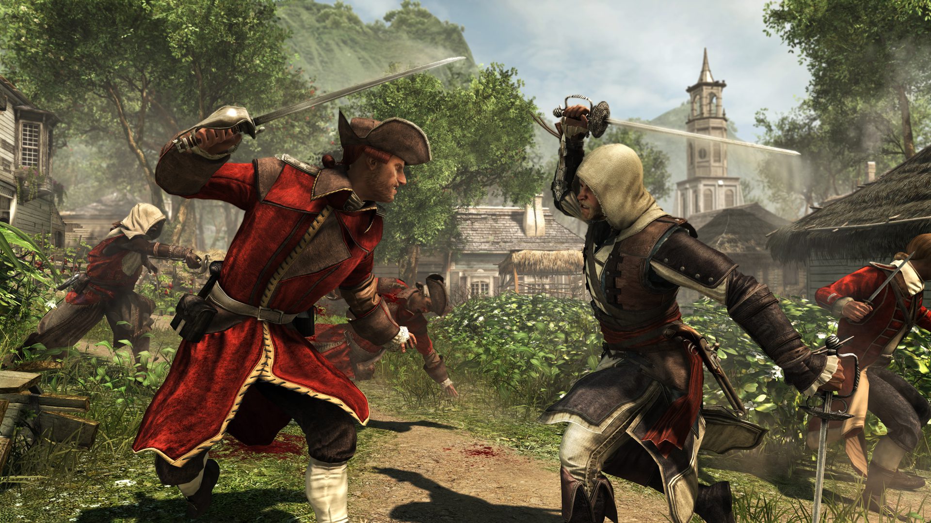 Black Flag gameplay Kenway (right) in a swordfight against a British naval officer (left)