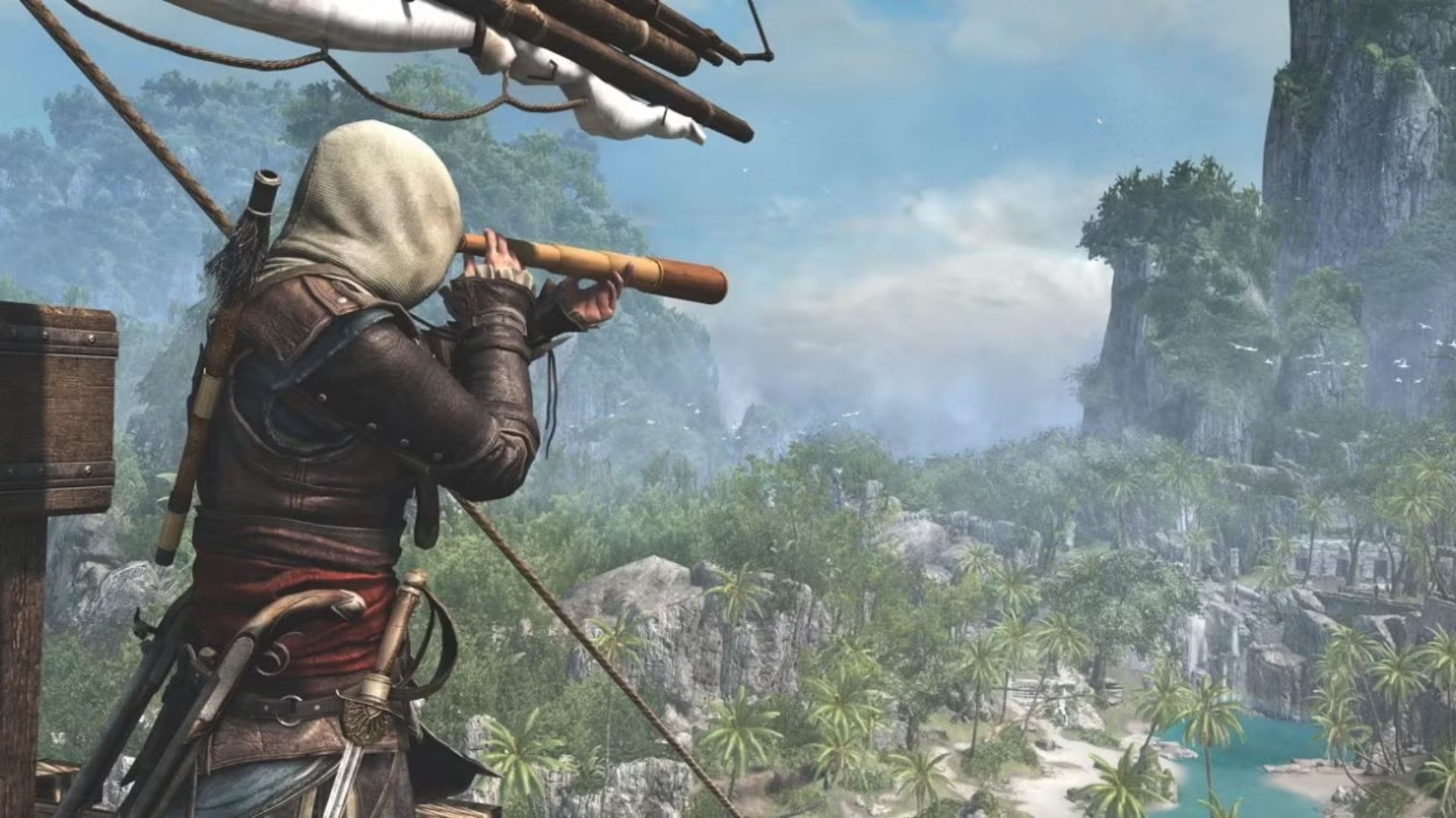 Assassin's Creed Black Flag Assassin Edward Kenway uses a looking glass to get an idea of what treasures await on an isolated island in the Caribbean.