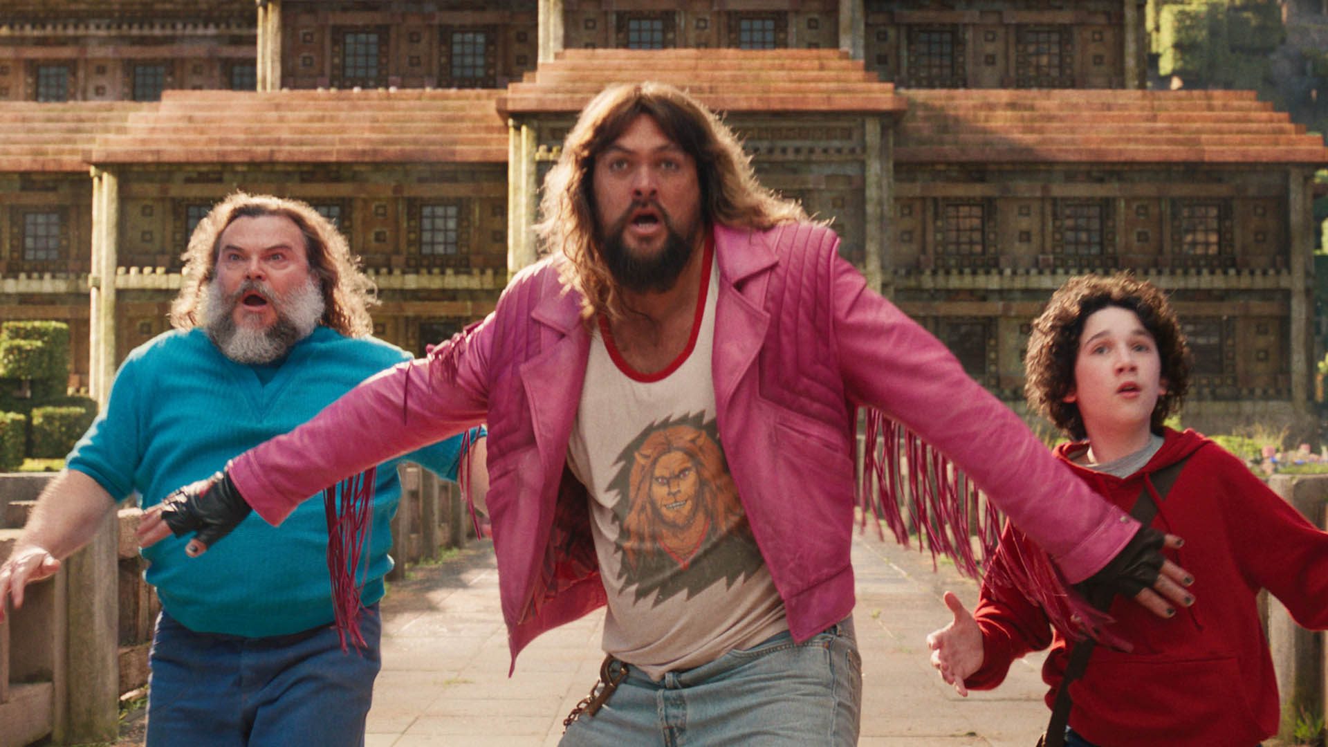 Jack Black, Jason Momoa, and Sebastian Hansen stare up at an unseen entity