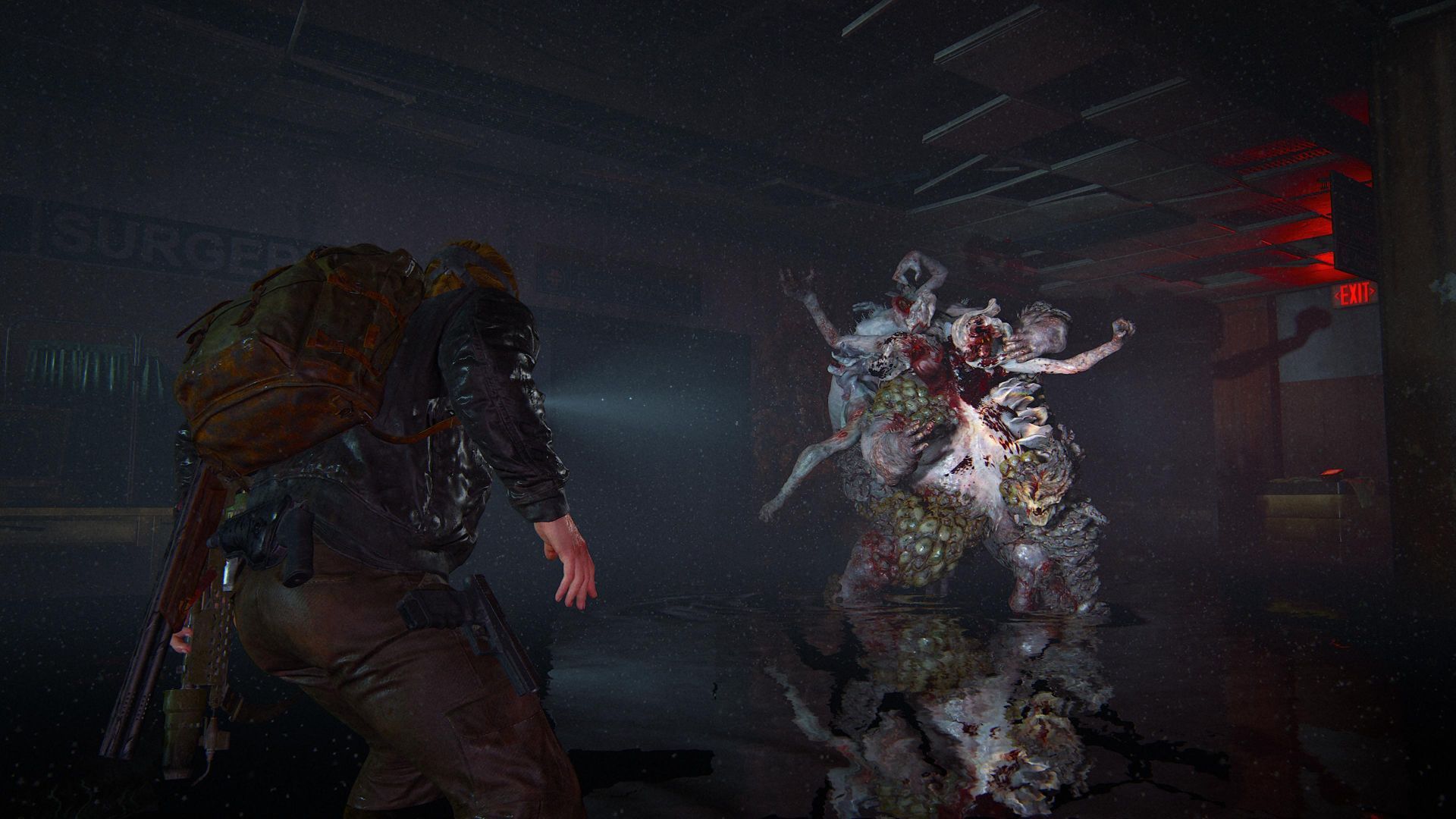Abby in combat with the Rat King, one of the many infected enemies in the game.