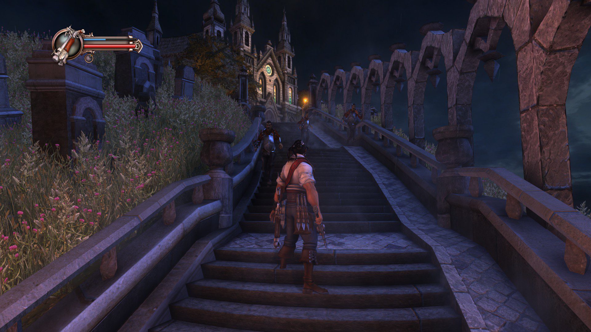 Captain Blood mounting an assault on a chapel, standing tall on the stairs as the Spanish descend onto him