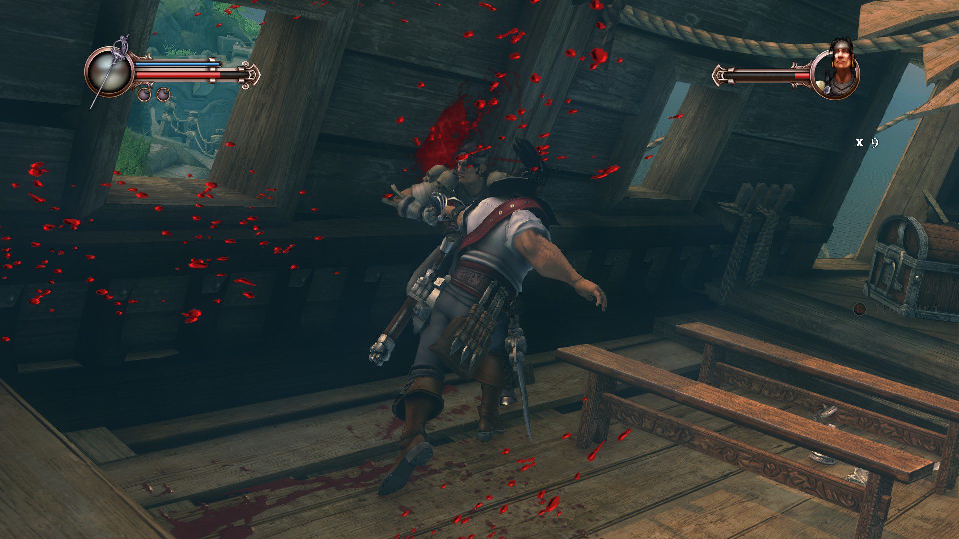 Blood splattered on the screen as Captain Blood stabs a pirate