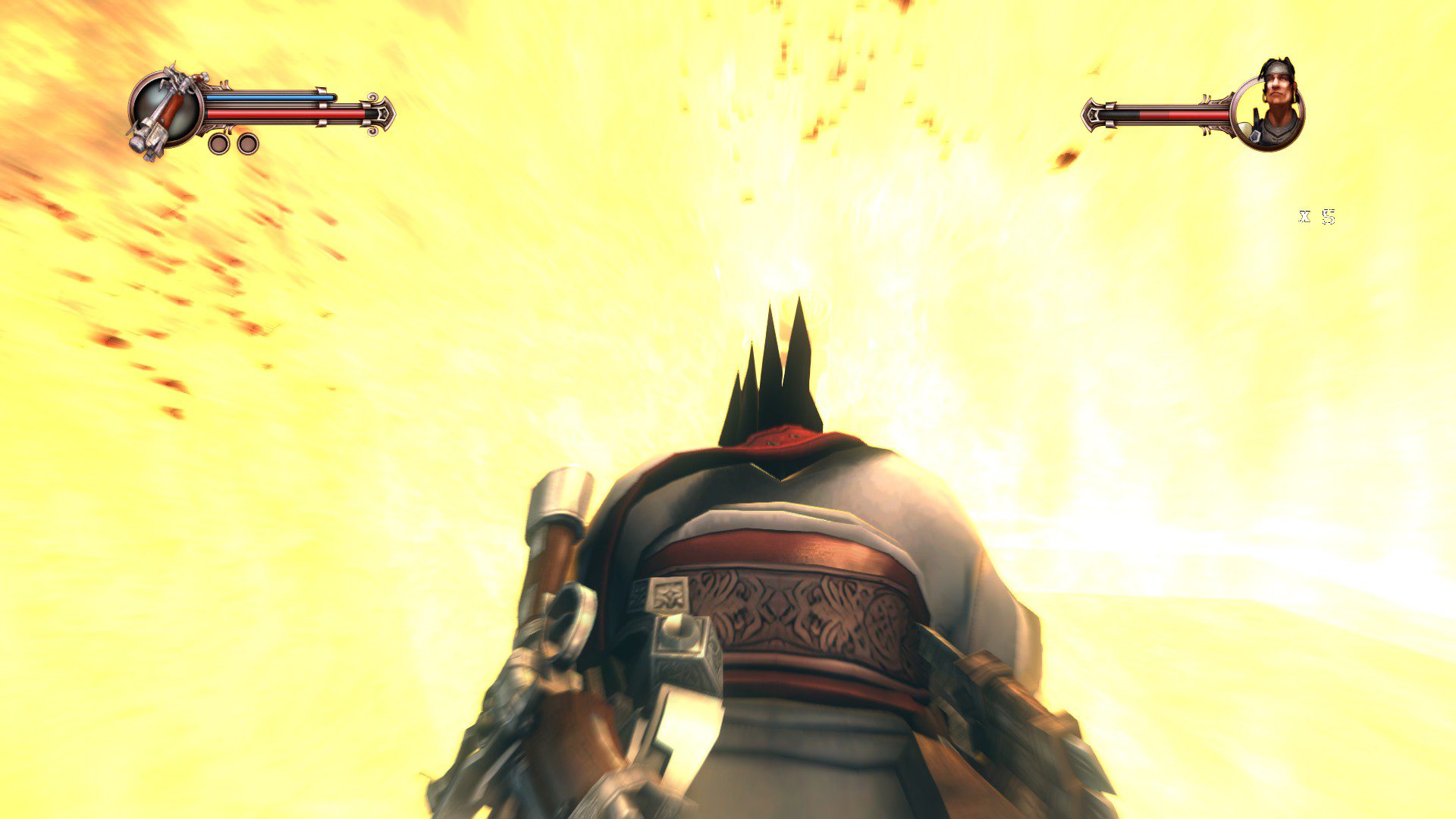 Captain Blood being thrown back by an explosion covering the entire screen