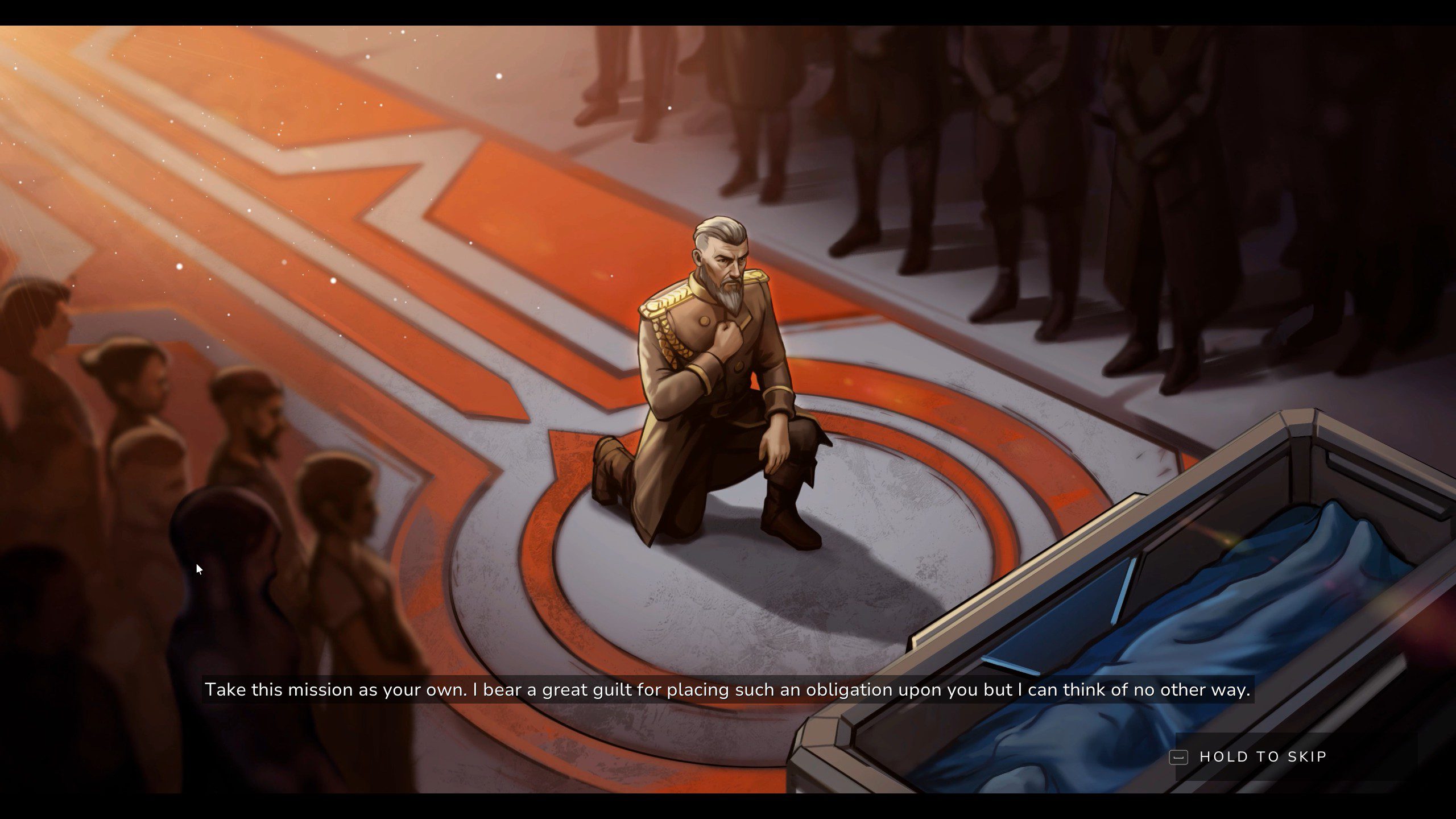 Empyreal opening cutscene showing a man in military uniform at a funeral.