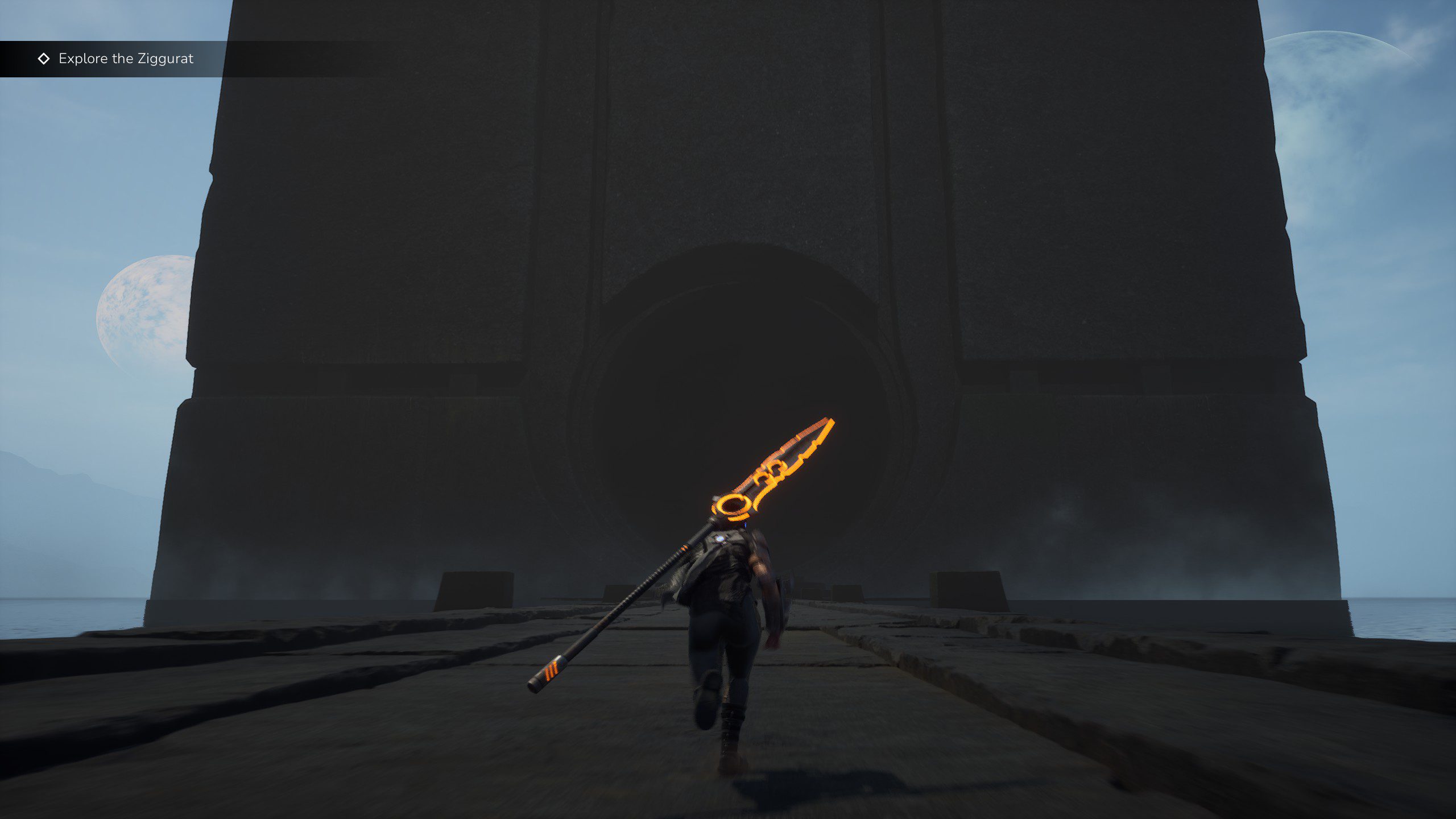 Empyreal character running towards a tall black monolith.
