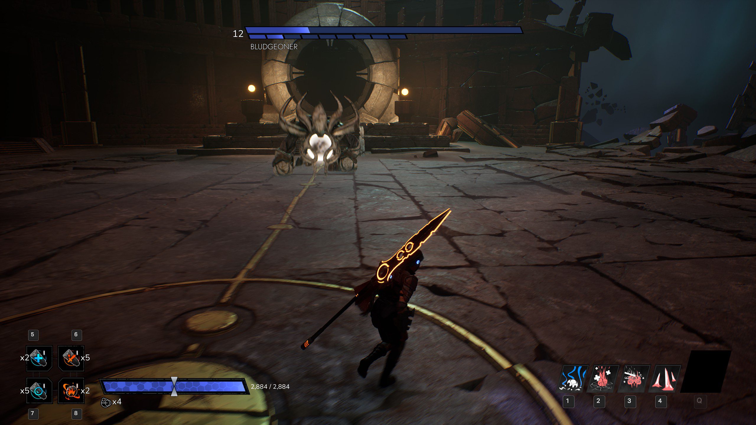 Empyreal fighting against a large golem-like boss.