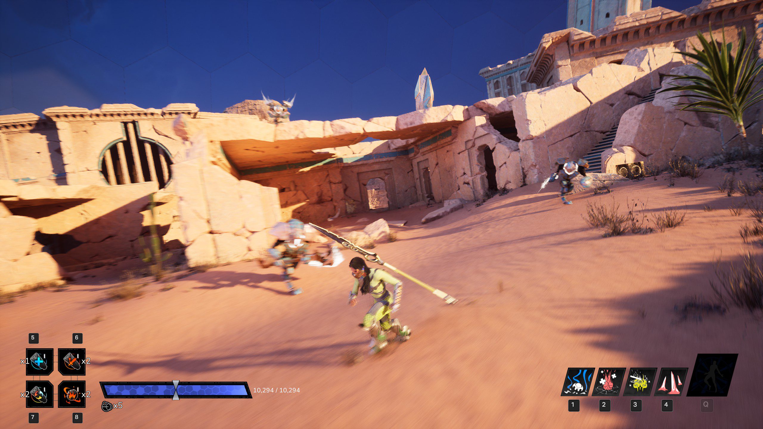 Empyreal fighting multiple robotic enemies in a sunlit arena.