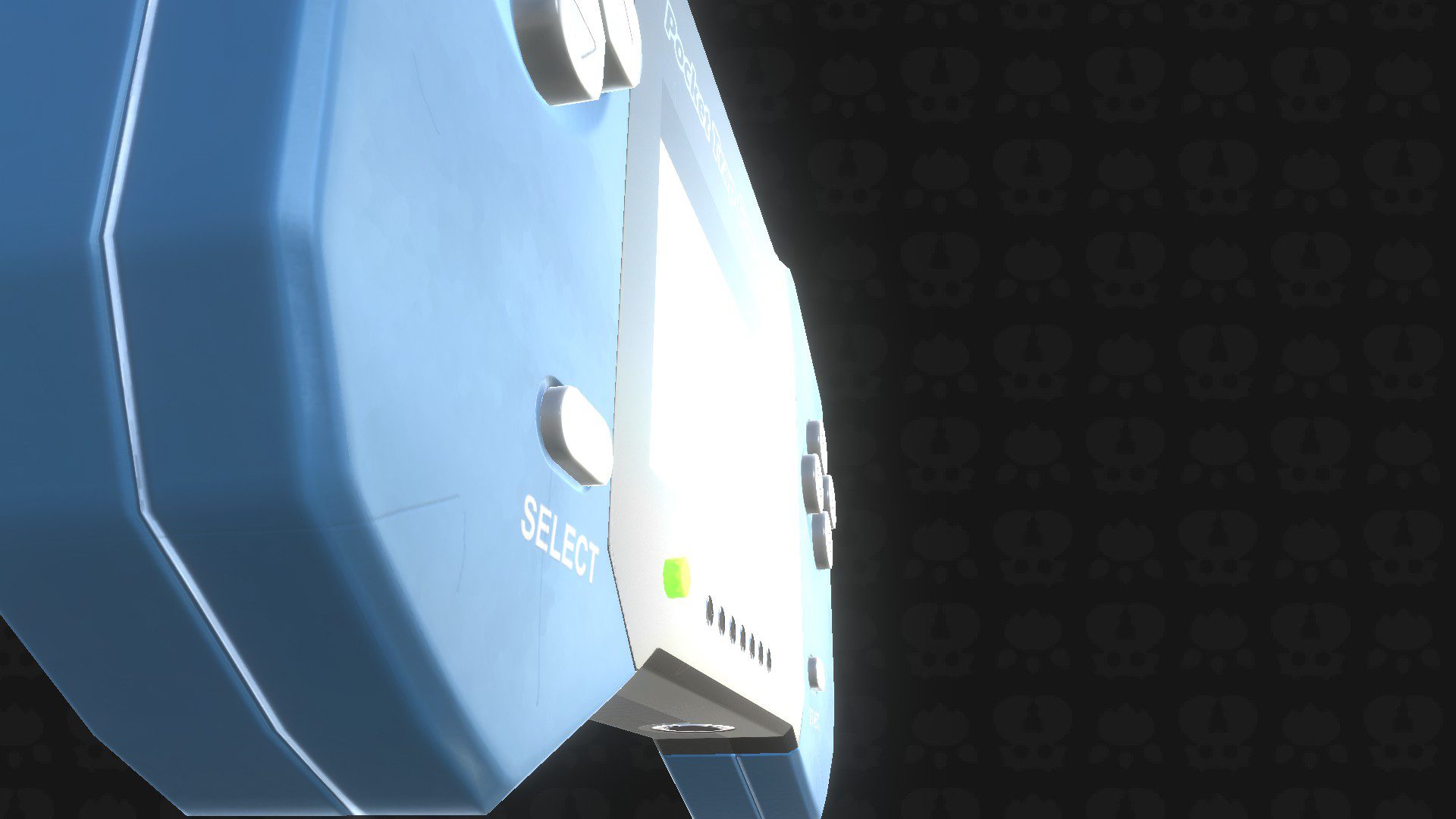 The 3D model of a handheld game console tilted in a way where the sheen is blocking all visibility of the screen