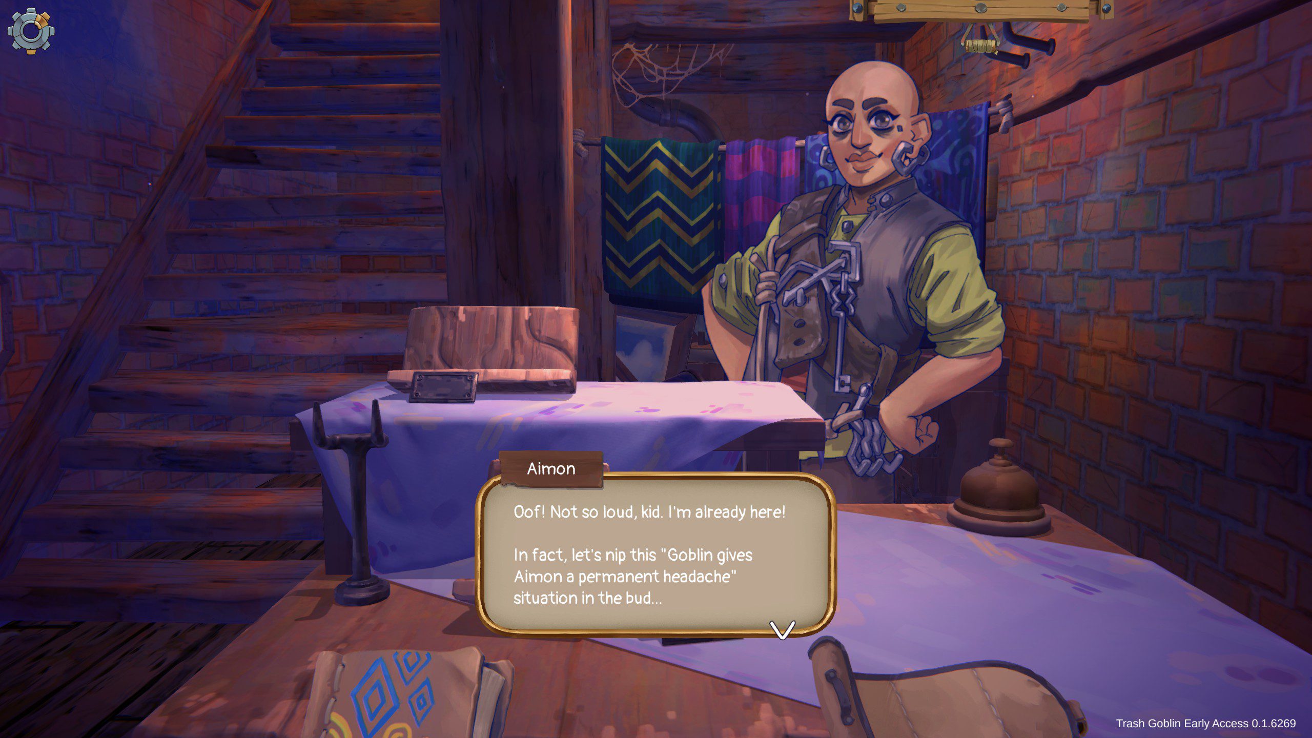 Trash Goblin screenshot, talking with our friend and shop owner, Aimon.