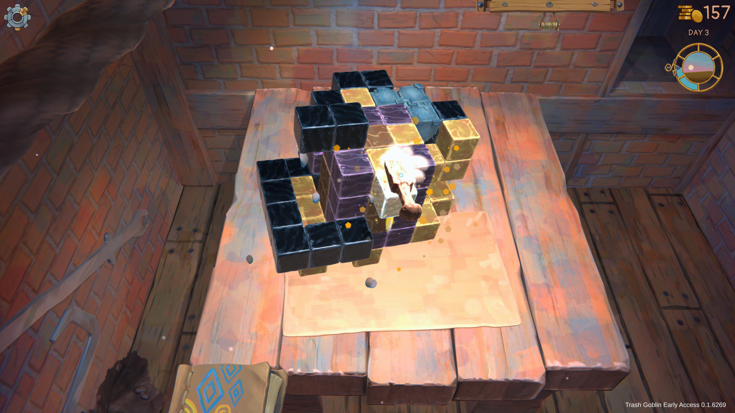 Trash Goblin using a chisel to break blocks of dirt and debris.