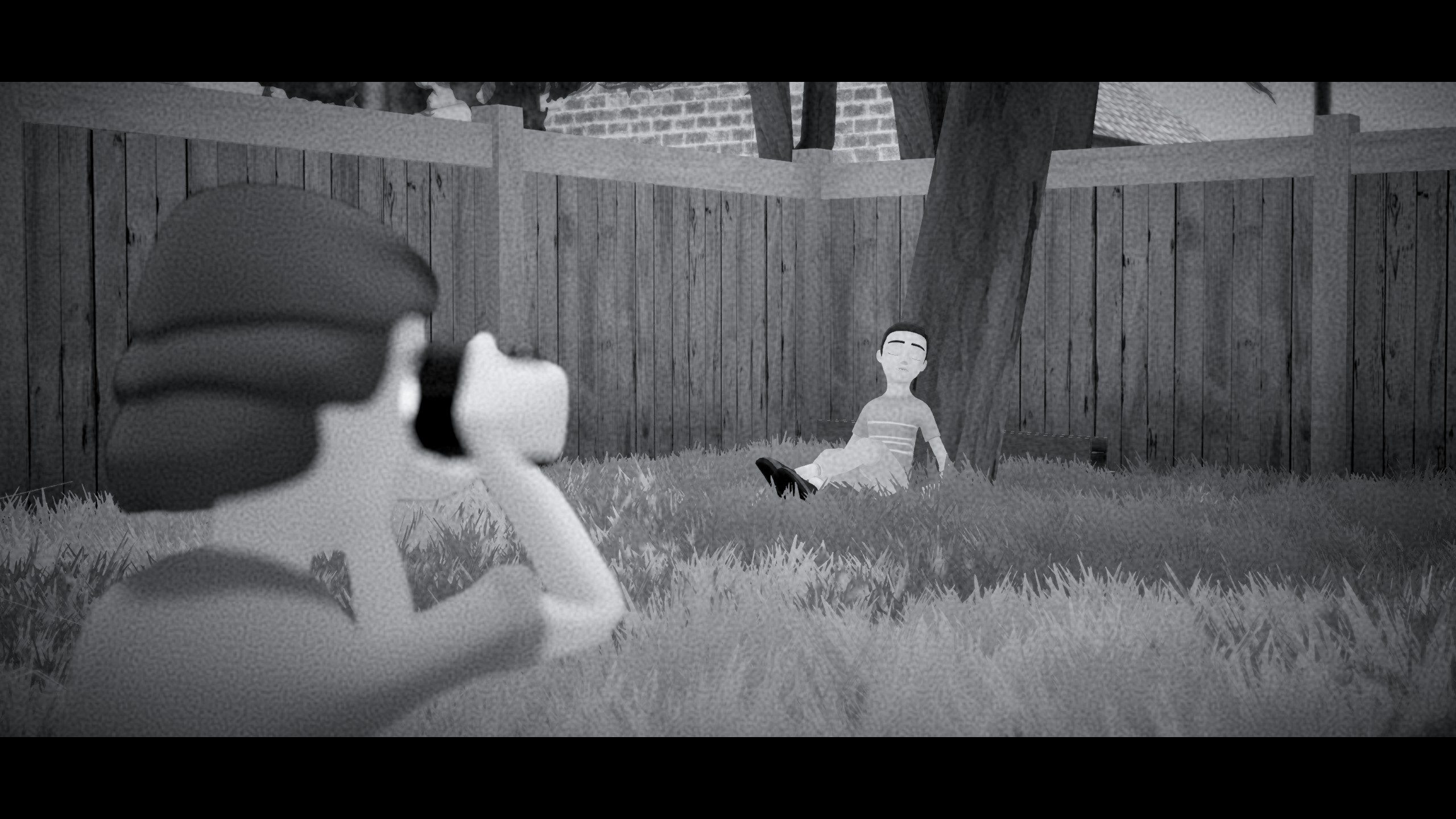 Fomography Screenshot from the game's oppening showing a woman taking a photo of a boy sleeping under a tree.