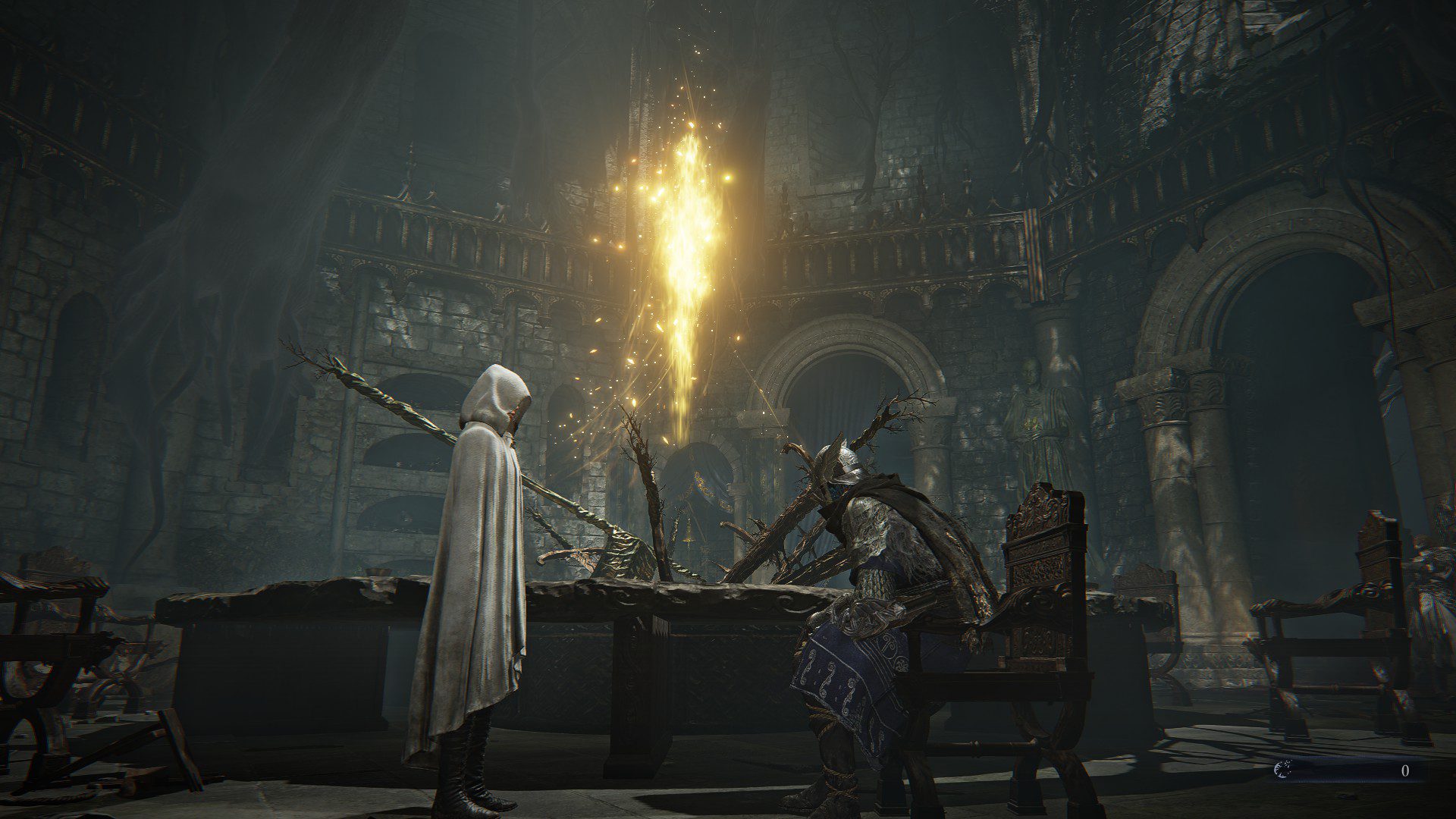 Wylder and the Priestess looking at each other in the Roundtable Hold