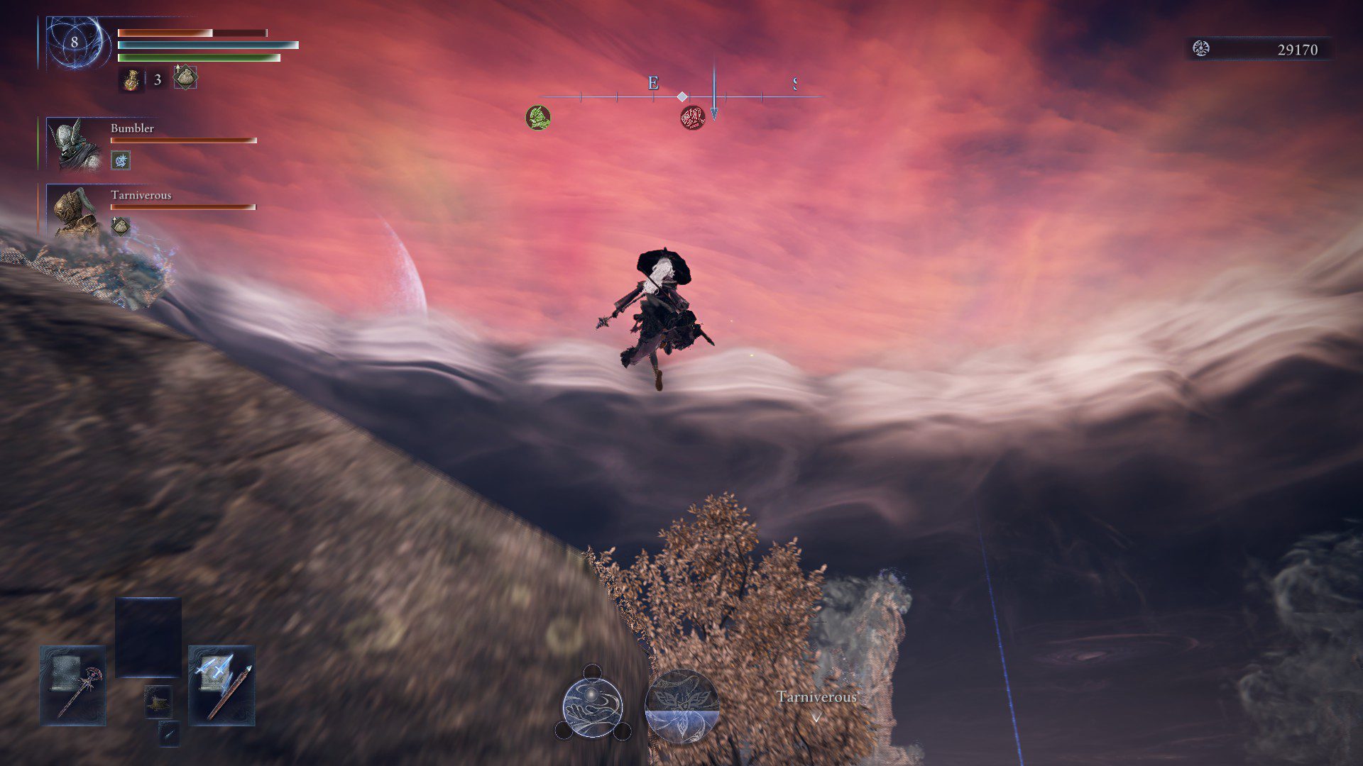 A witch in a big hat jumping up, the sky is red