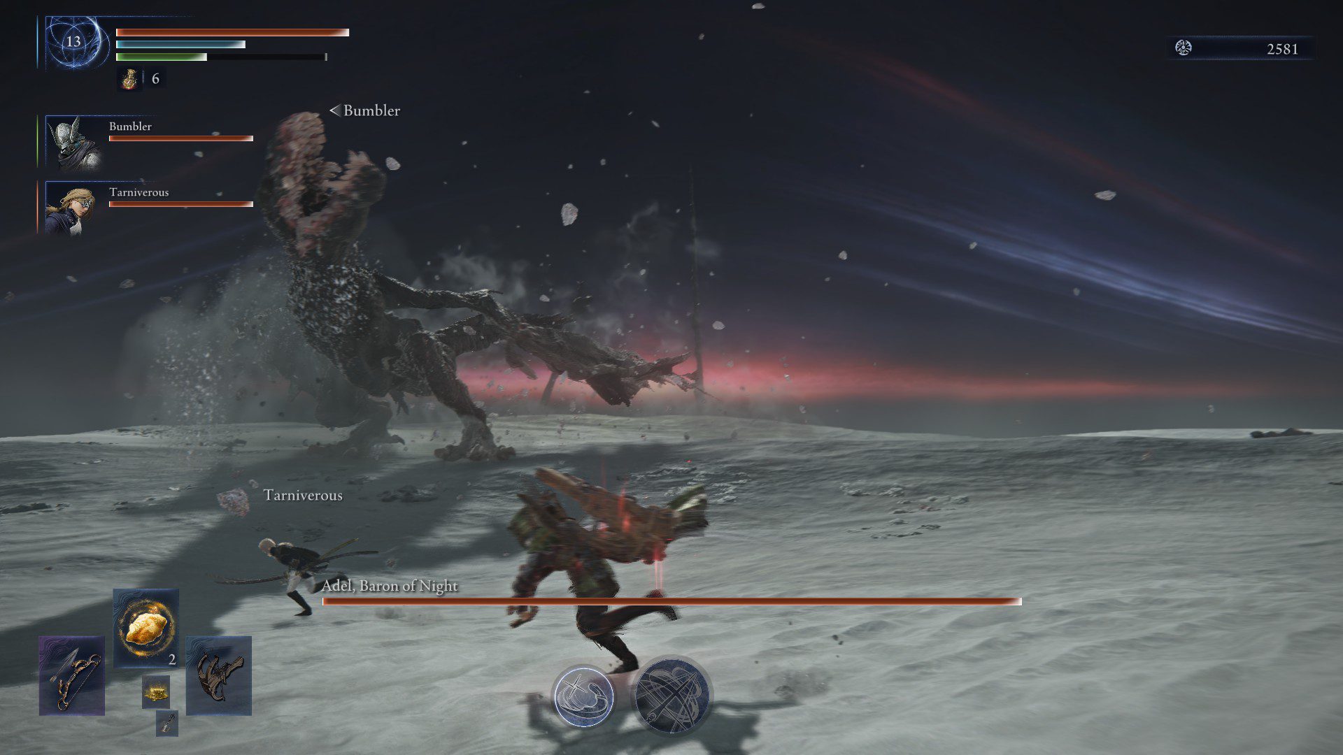 Characters running to the side as a big jawed enemy whips his head up high