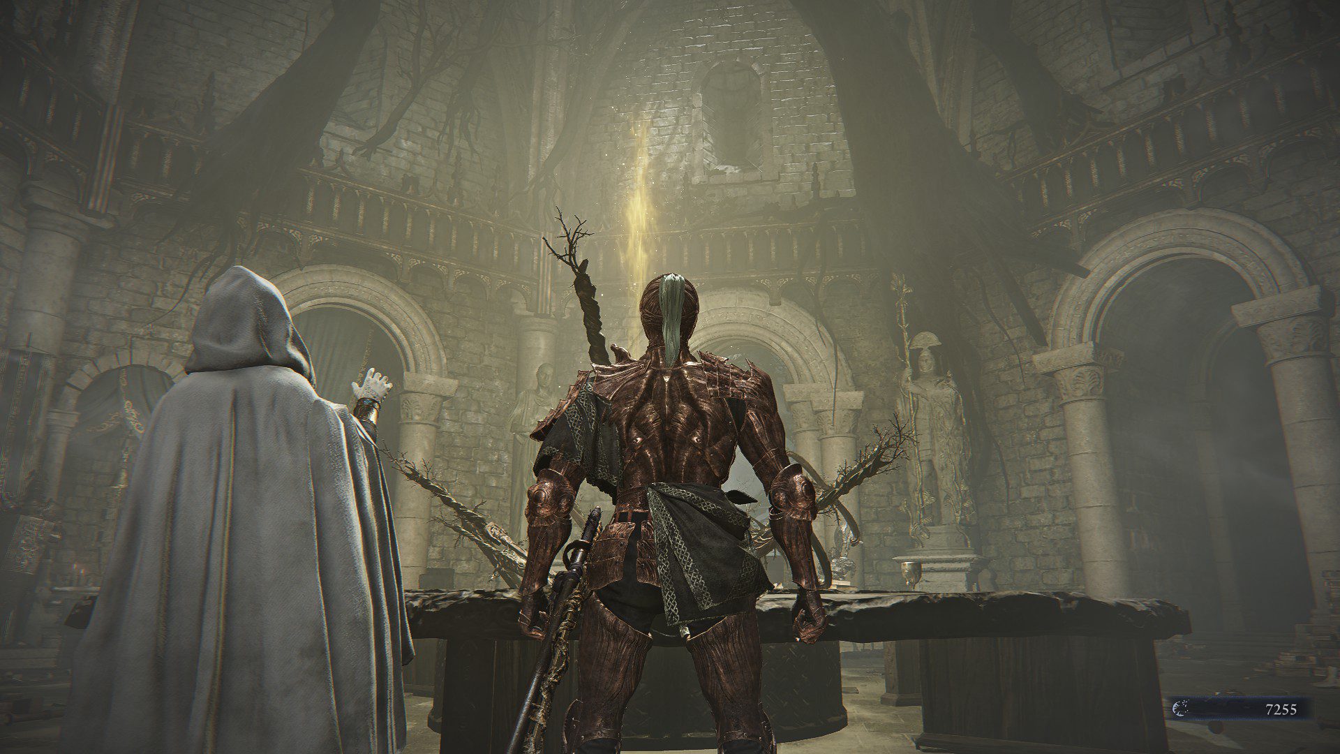 A character and the Priestess staring into the middle of the Roundtable Hold