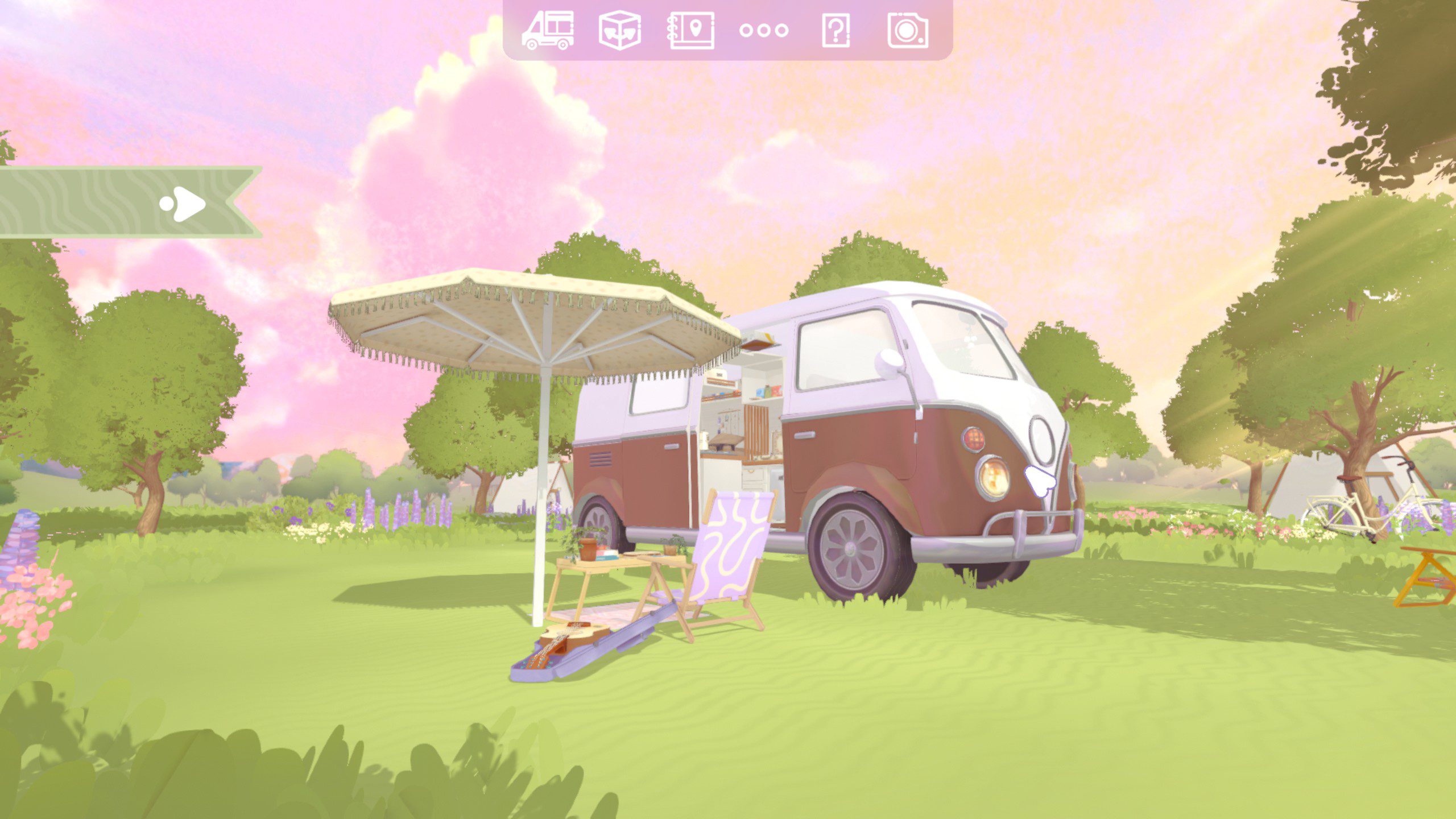 Camper Van: Make It Home Screenshot showing the van in a green field with patio chairs and a guitar set outside the van.