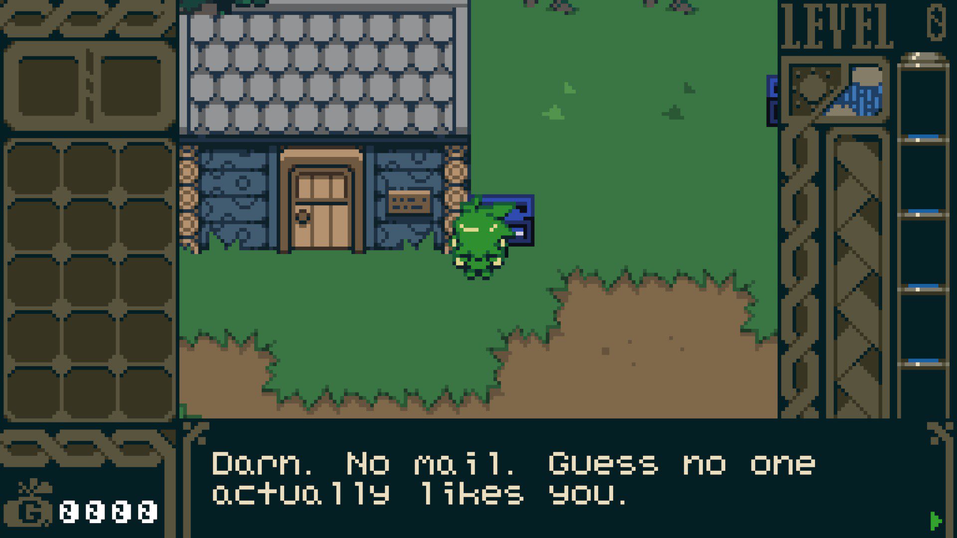 Character checking their mailbox, text says "Dar, no mail, guess nobody likes you!"