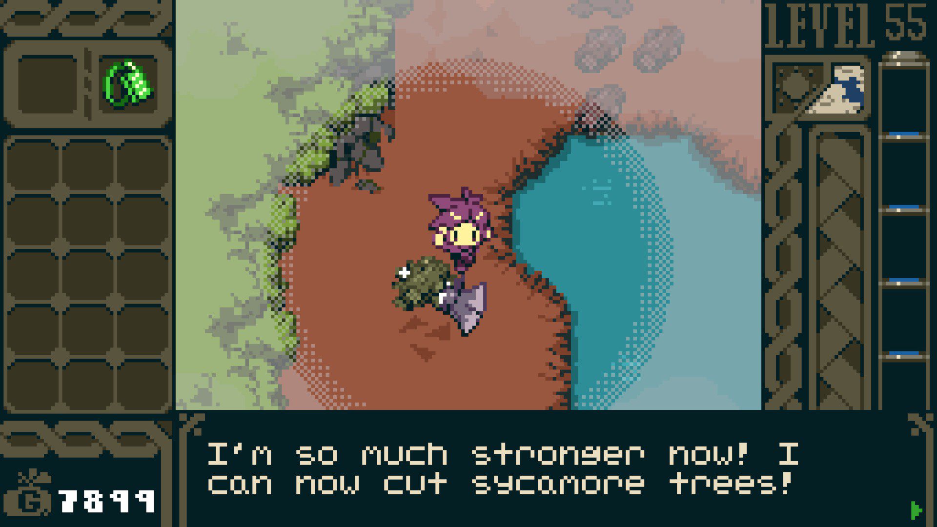 A message describing how the protagonist can now chop a new type of tree, equipped are a different axe and necklace