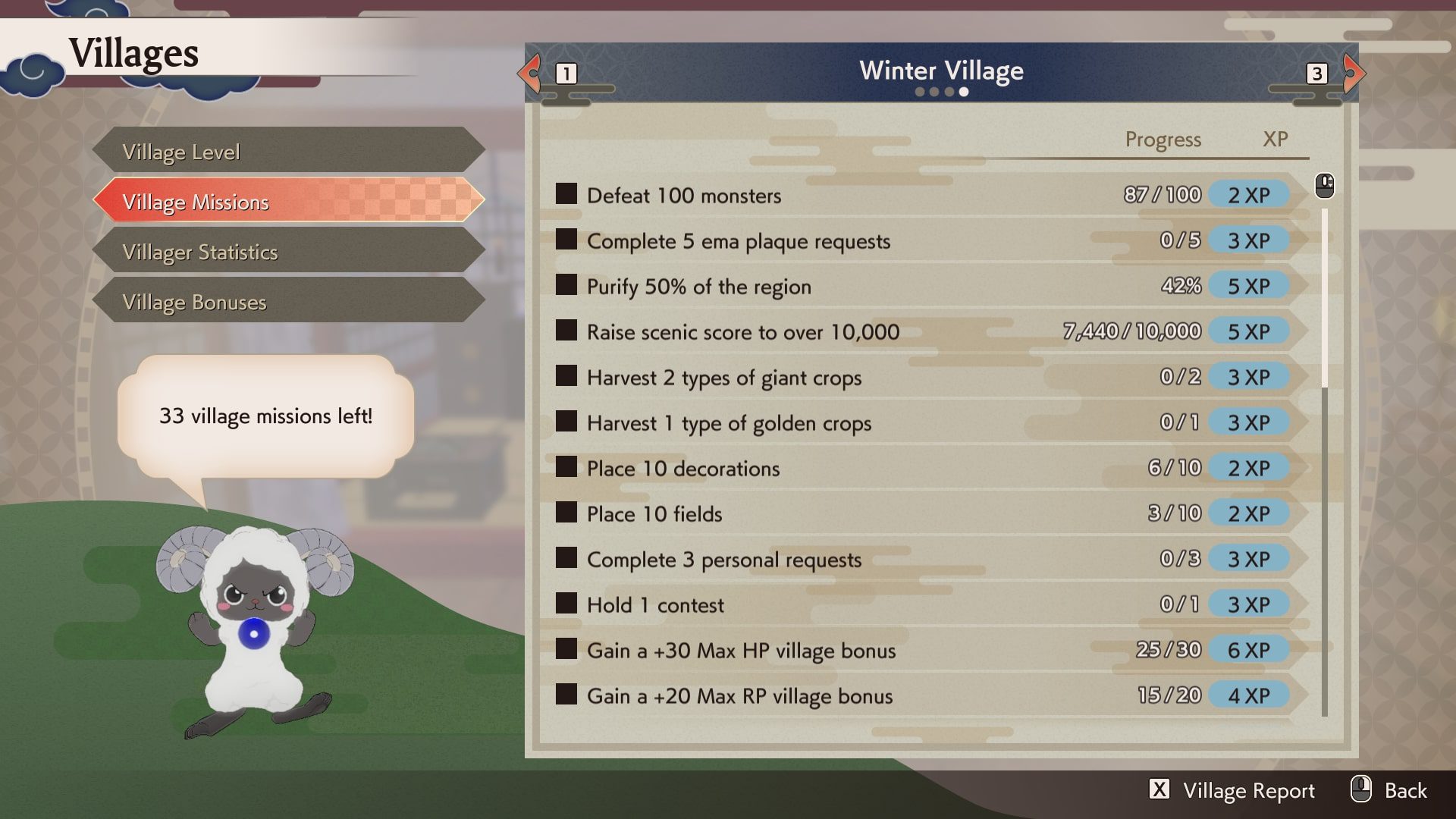 The Village Missions menu in Rune Factory Guardians of Azuma The Village Missions menu in Rune Factory Guardians of Azuma
