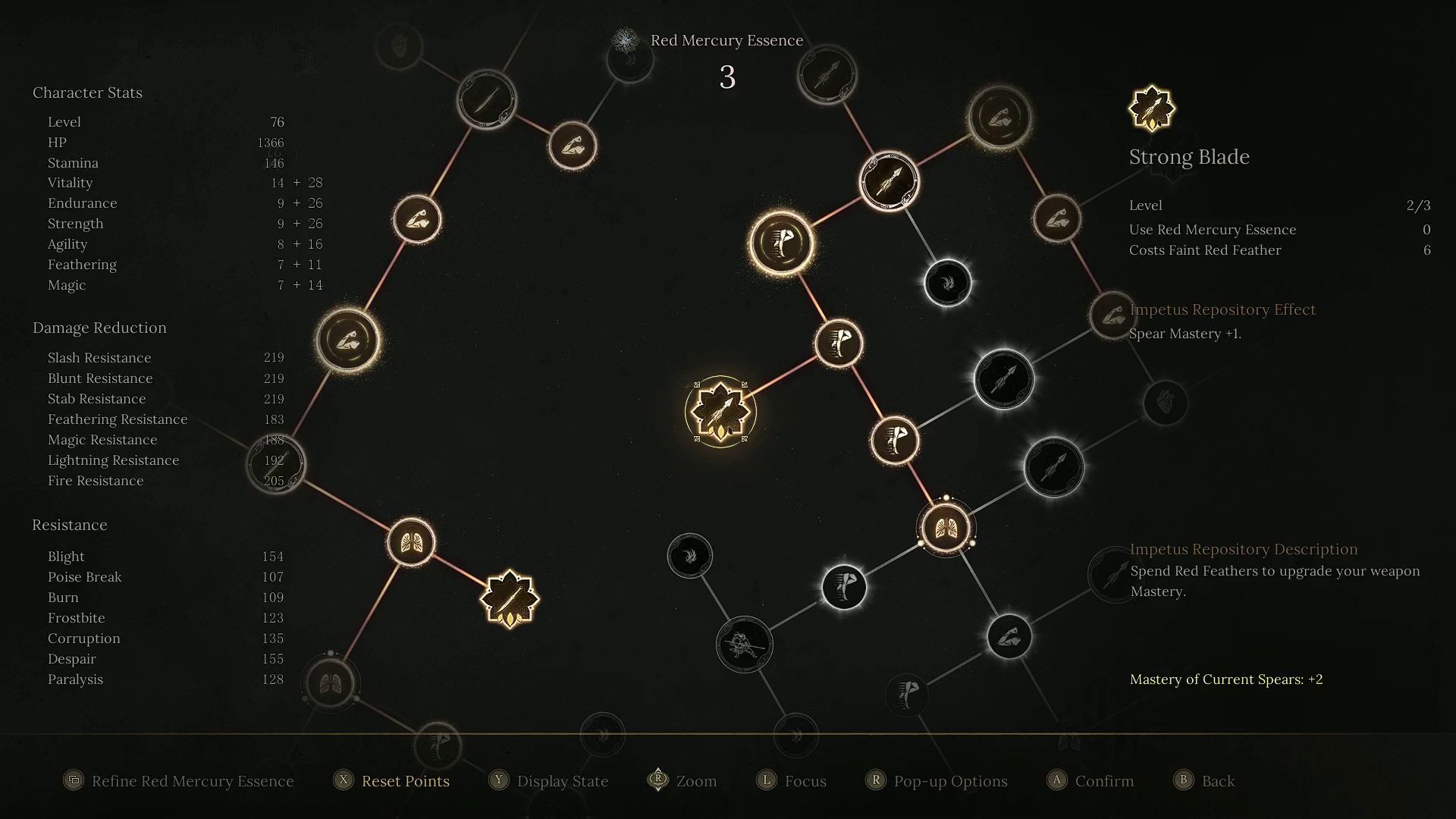 The player is upgrading Spear Mastery by spending 6 Faint Red Feathers.