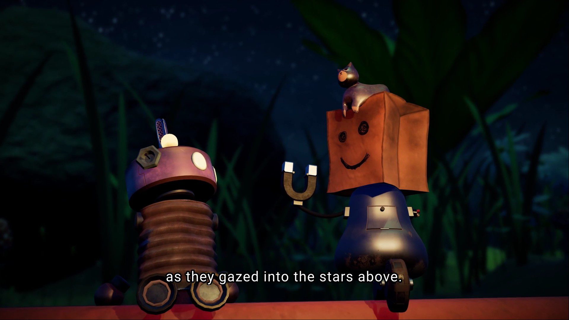 MiscFriends Buddy, a robot made out of springs and with glowing eyes, and Bag Boy, a robot on a wheel and with only one hand, look at each other and slightly up. Bag Boy has a cat on his head.