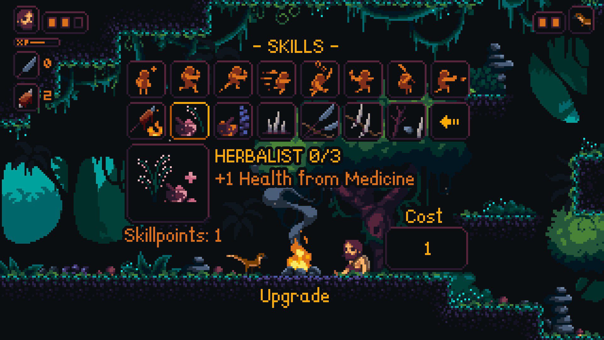 A skill menu with plenty of options, the one highlighted gives +1 to health received by using the medicine