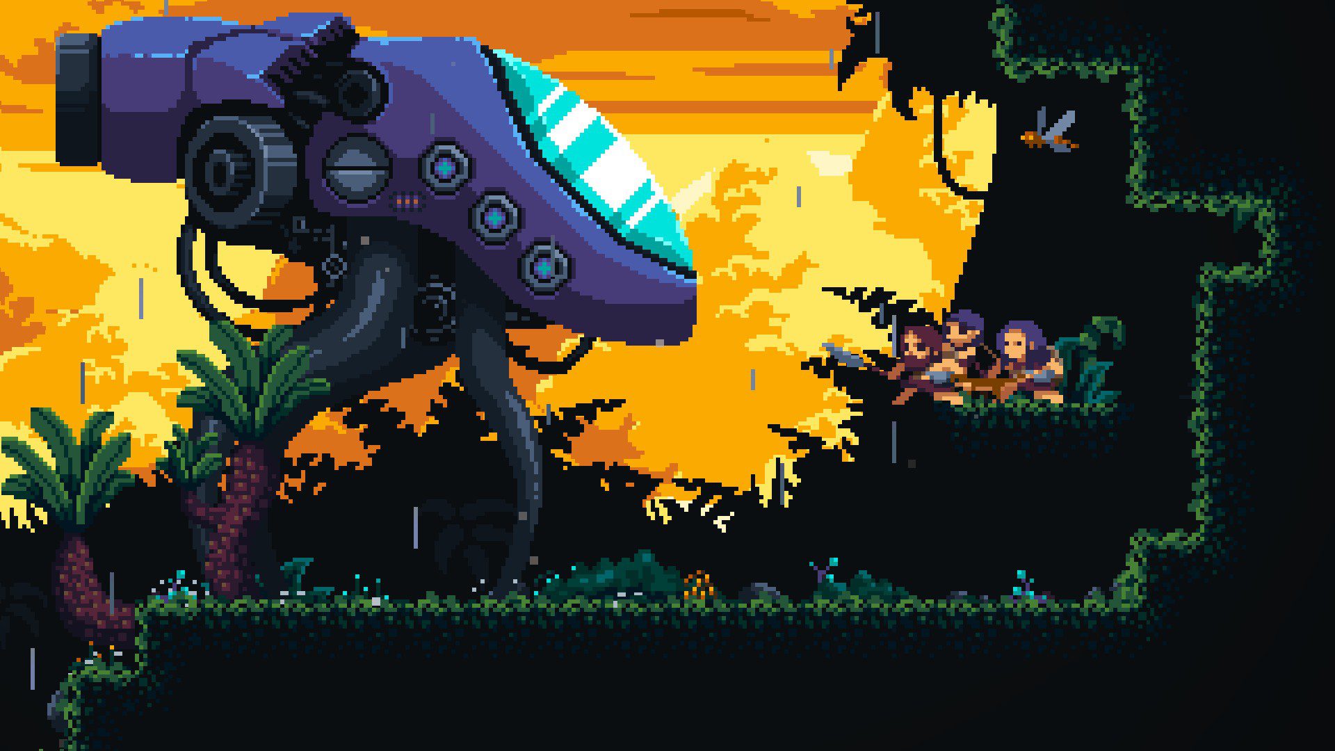 An alien mech staring down the family