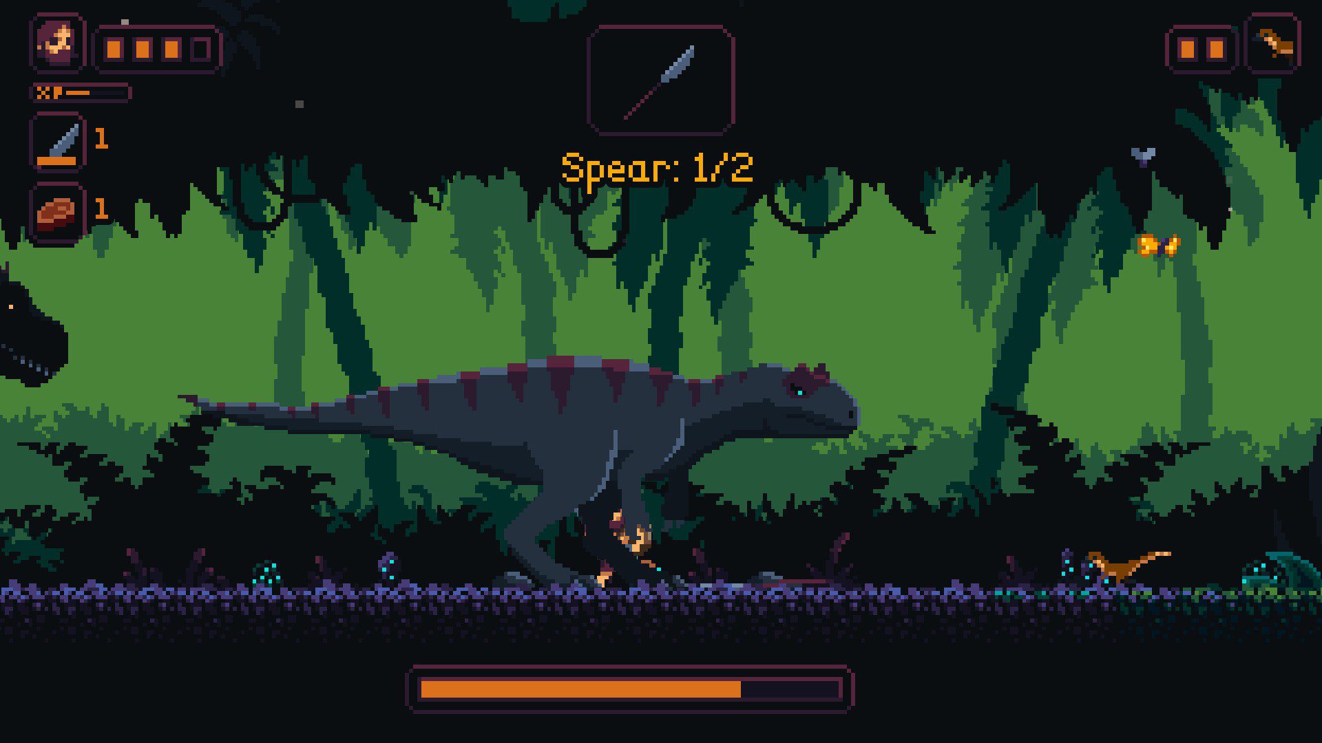 A boss fight against an Allosaurus, with a Tyrannosaurus rex stalking in the background