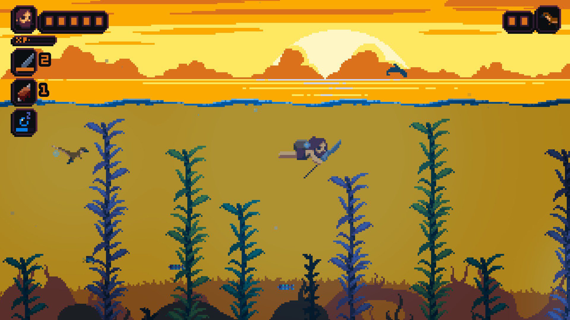 Caveman swimming underwater with dolphins flipping in the backgroundas the sun sets