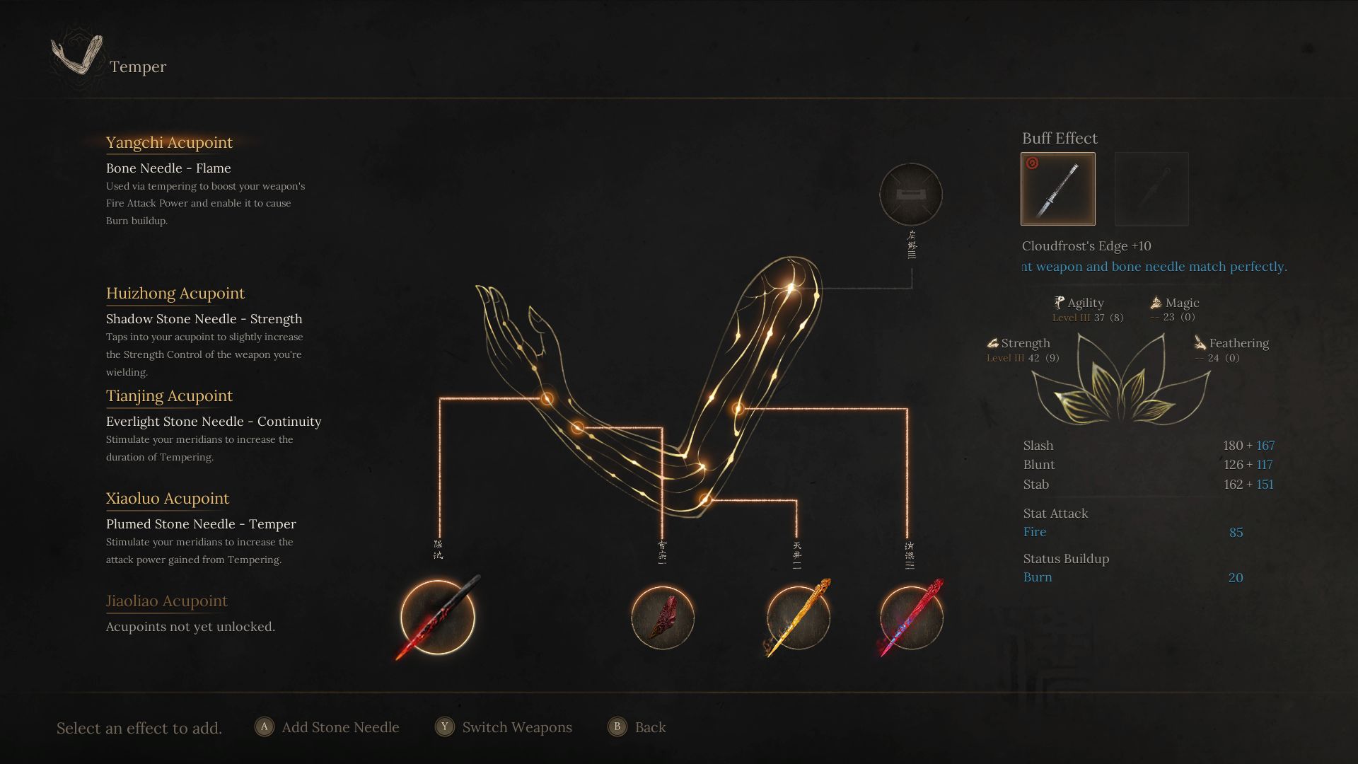 Temperance Menu You can equip different needles in the Temperance menu.