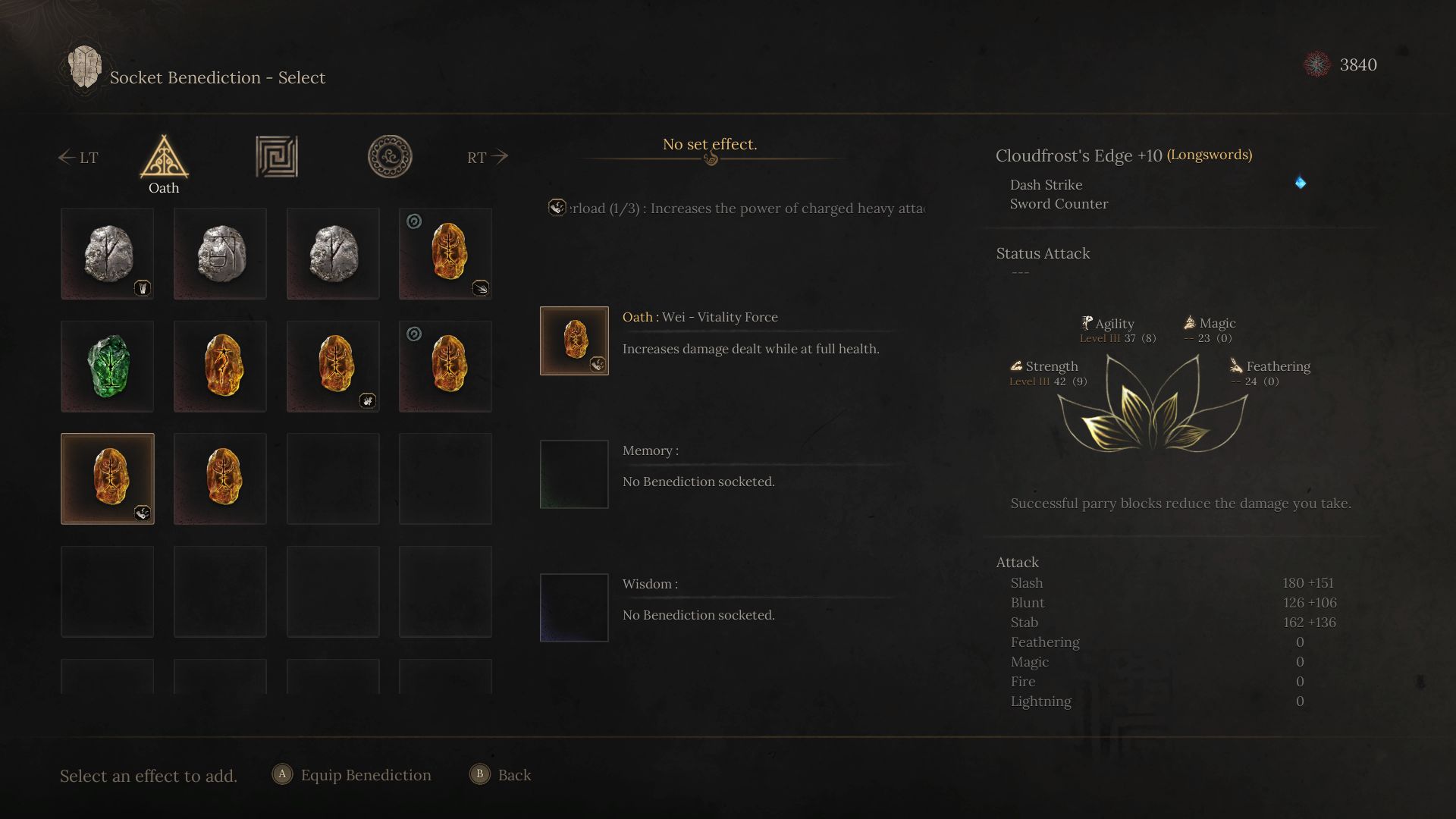 Each Benediction stone provides a different passive effect.